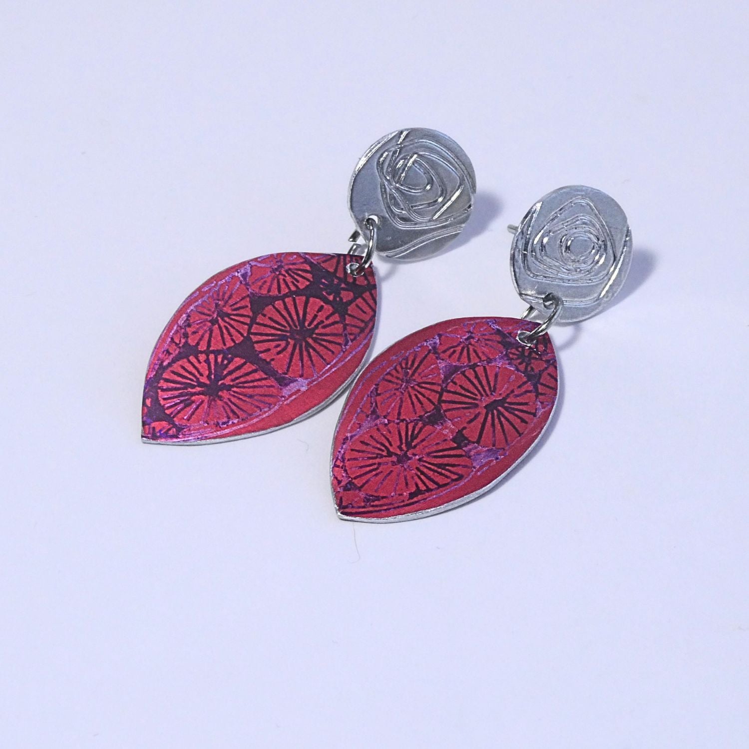 Hand printed anodised aluminium earrings - Scarlet Grace Collection