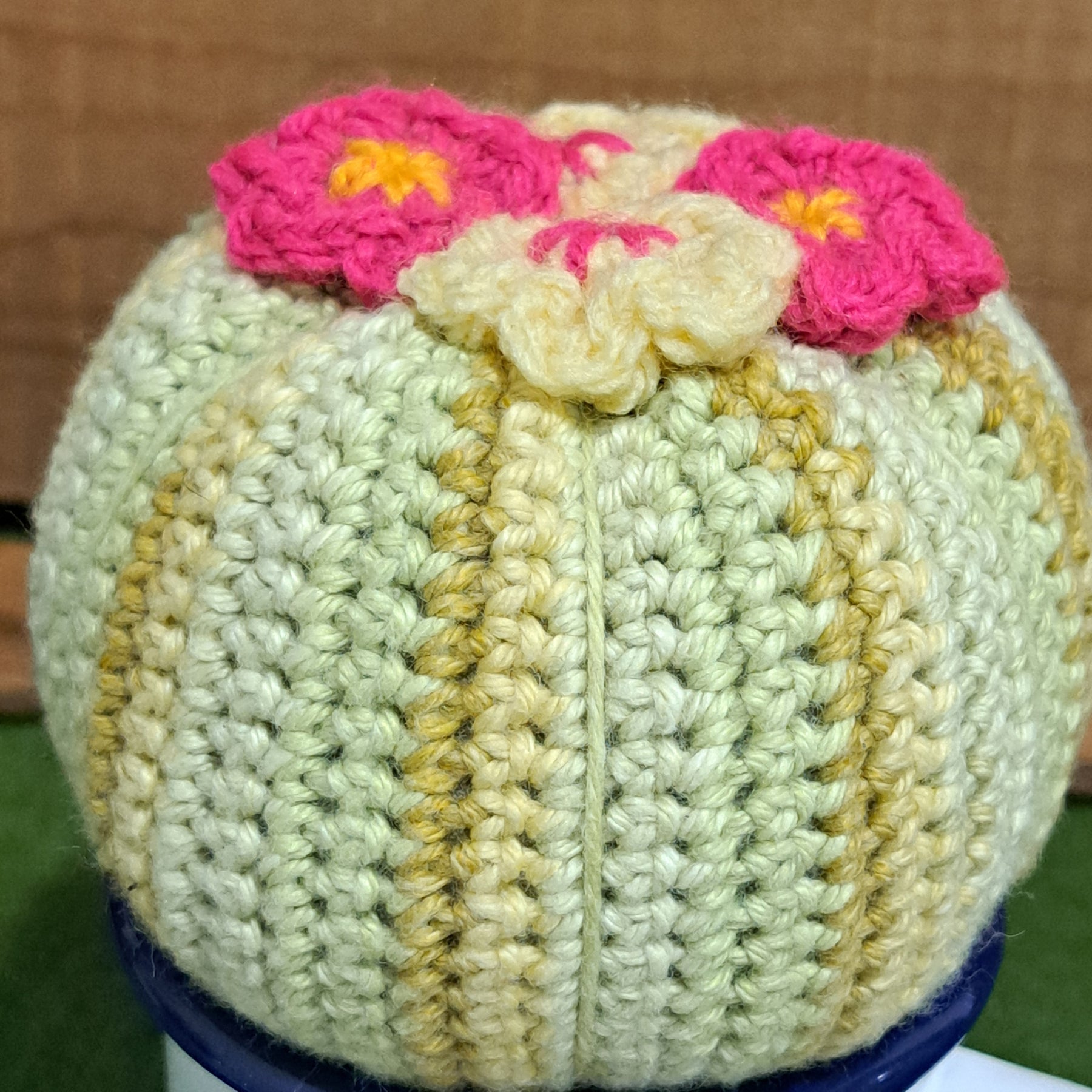 Crochet cactus/in a tin mug/ crochet pink and yellow flowers.