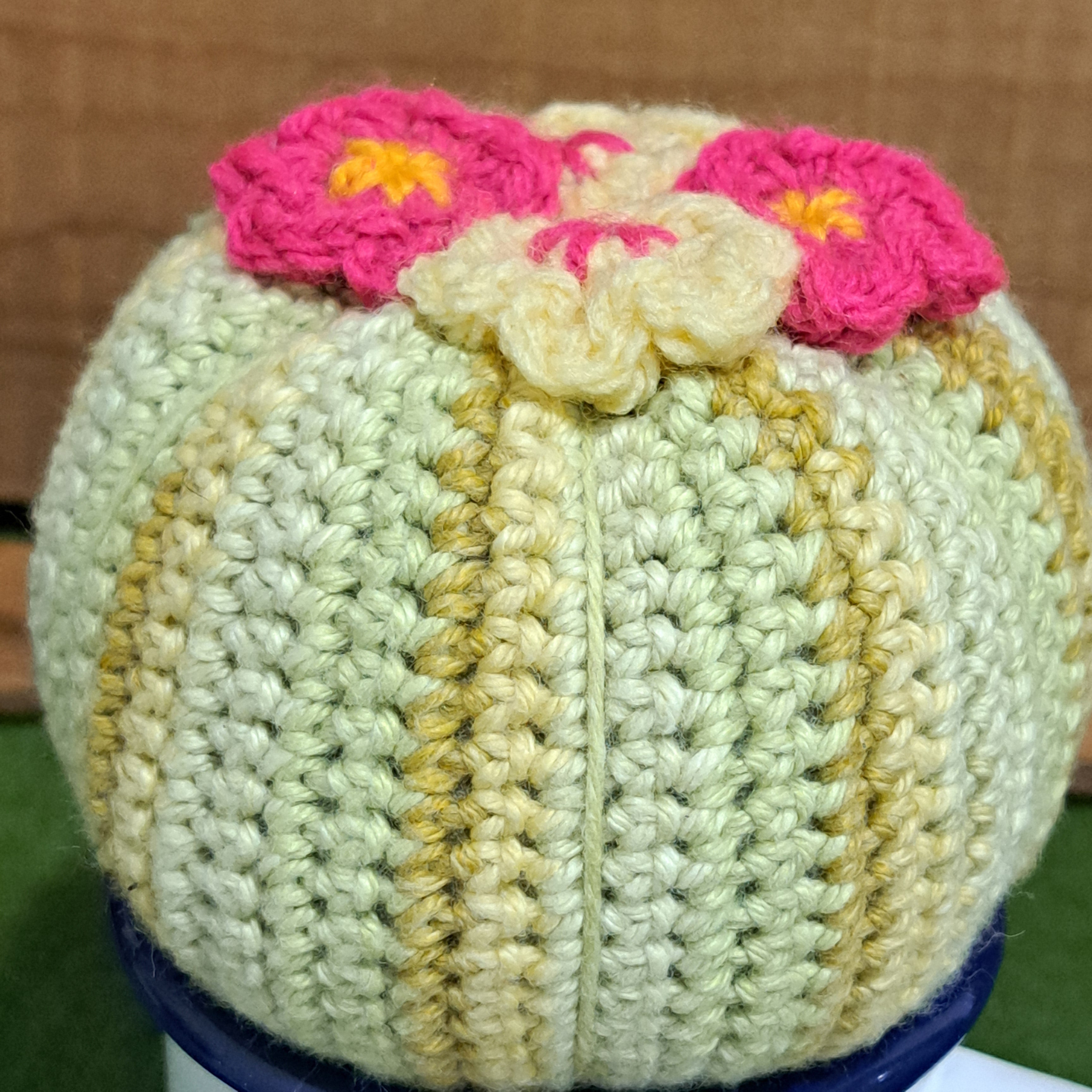 Crochet cactus/in a tin mug/ crochet pink and yellow flowers.