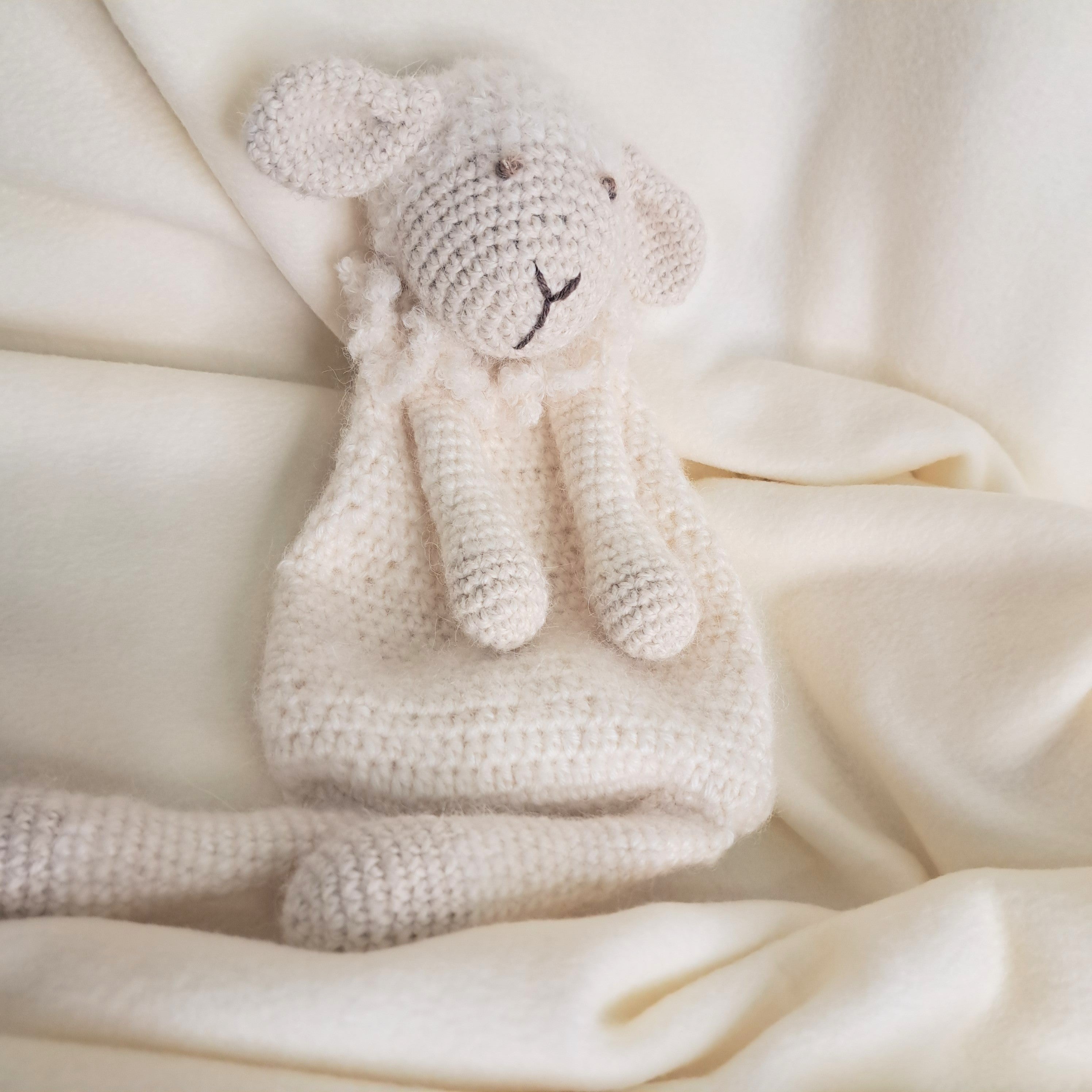 Handmade crochet sheep snuggler, Australian wool, alpaca, silk