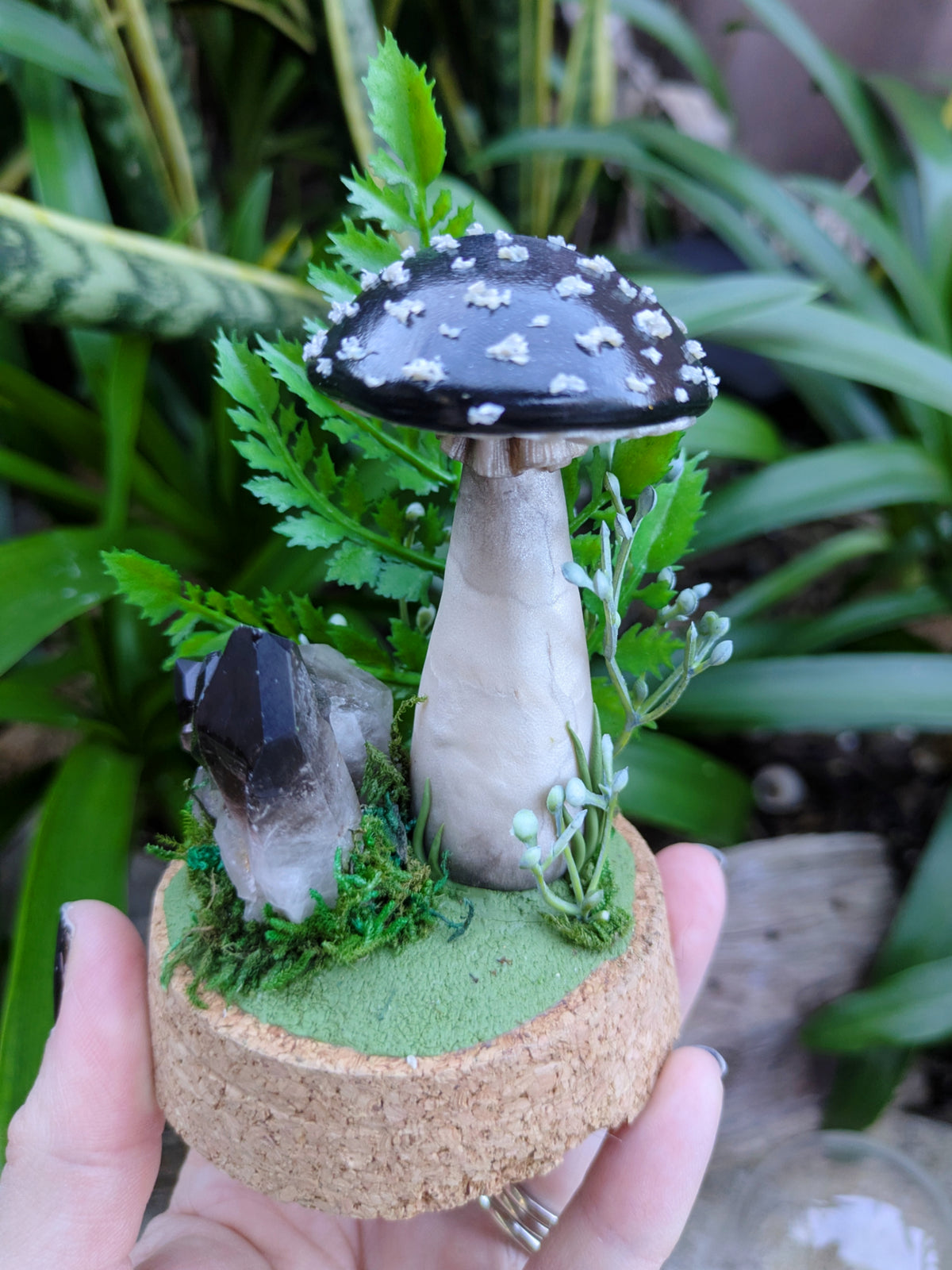 Enchanted Black Woodland Mushroom with Smoky Quartz