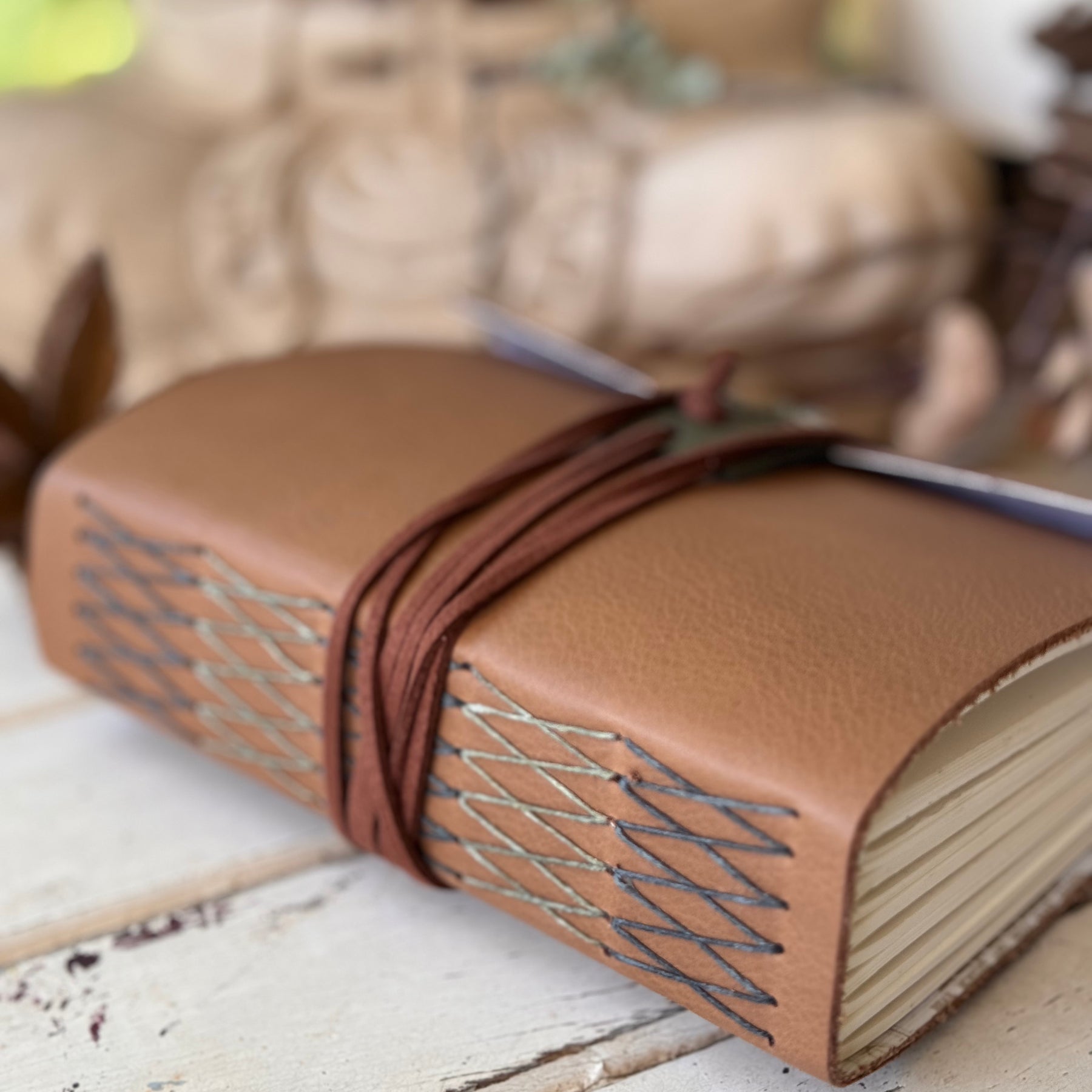 Tan Cross Stitched A6 Journal