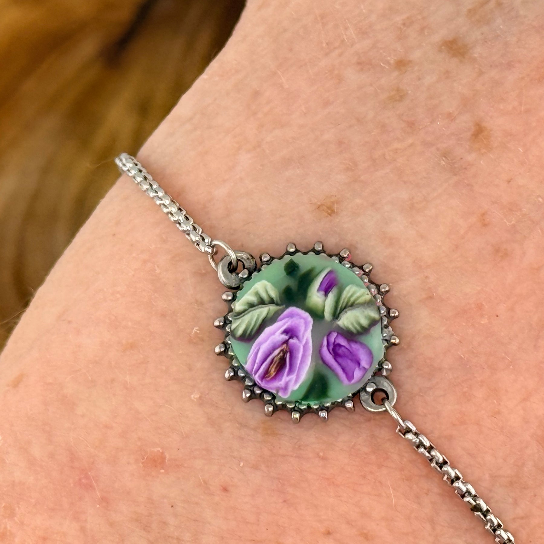 Purple Rose & Leaves Stainless Steel Adjustable Slider Bracelet