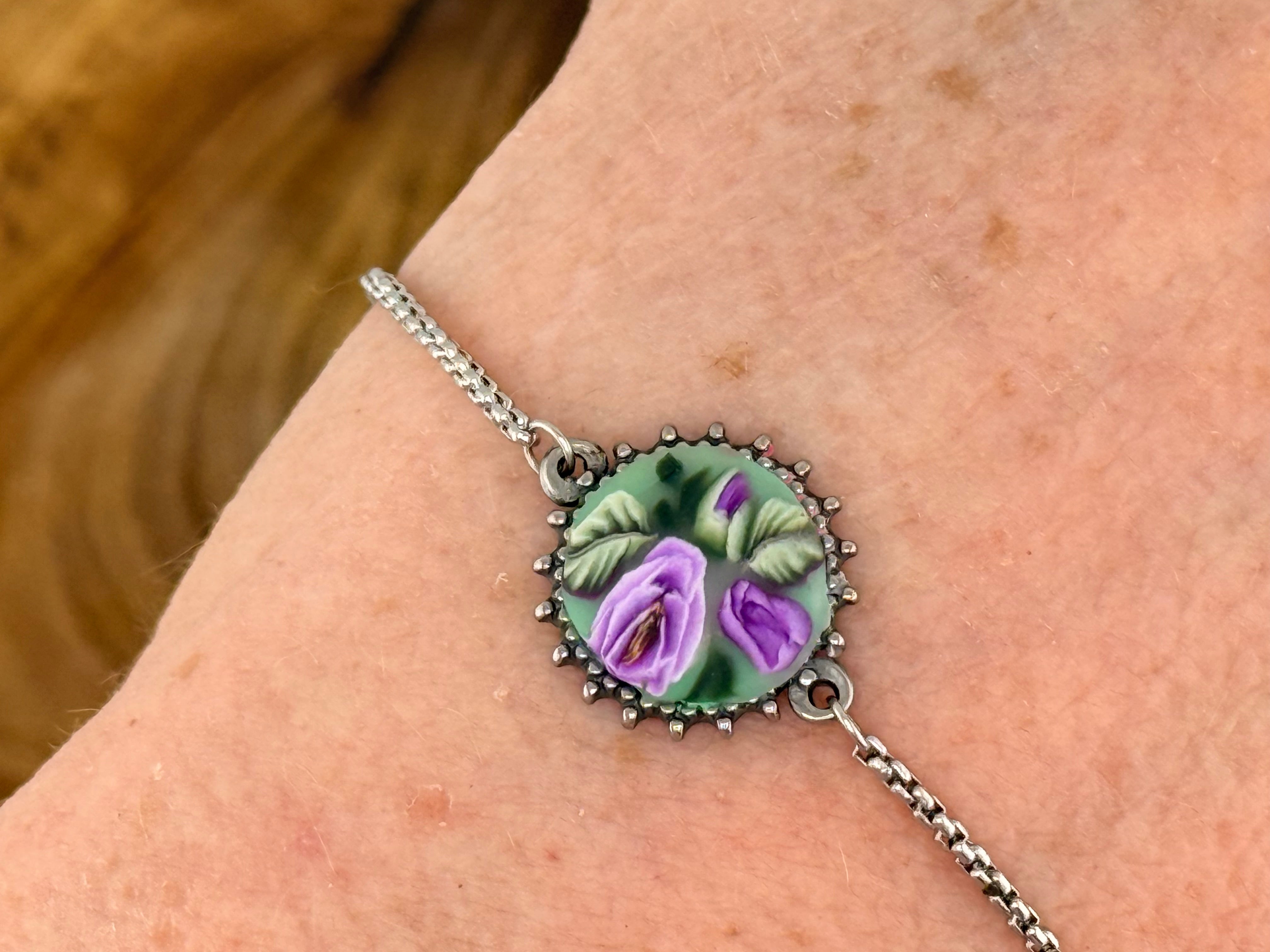 Purple Rose & Leaves Stainless Steel Adjustable Slider Bracelet