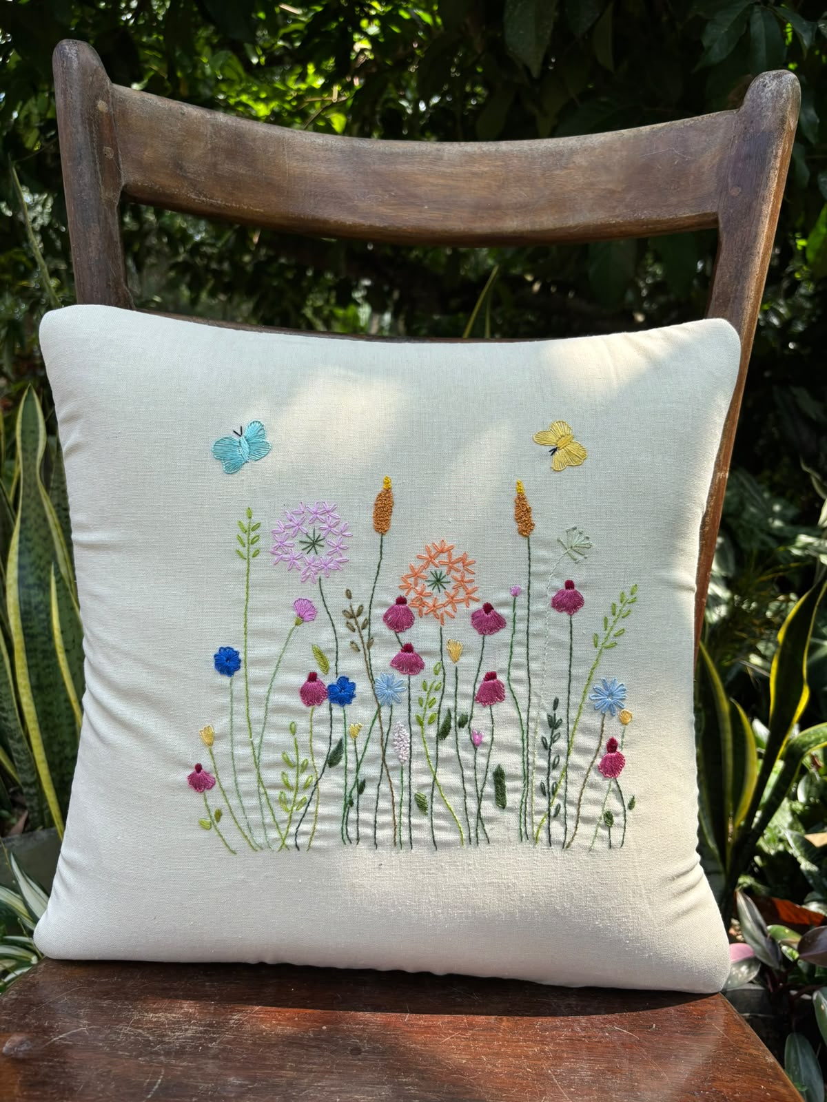 Hand Embroidered Floral Garden Cushion/ Pillow Cover