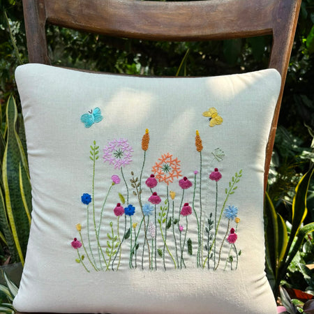 Hand Embroidered Floral Garden Cushion/ Pillow Cover