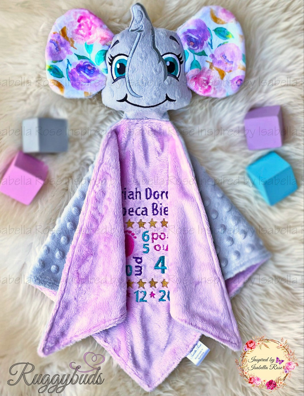 Baby comforter, Embroidered name, Elephant themed Ruggybud, Made to order