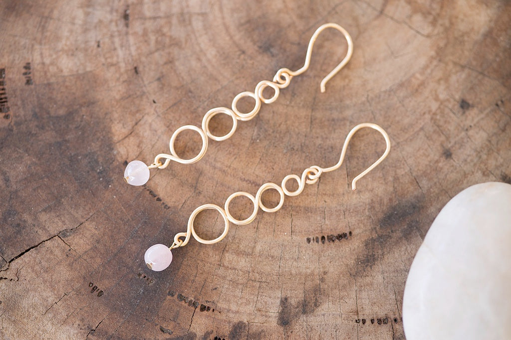 Natural Rose Quartz Gemstone Gold Earrings | Crystal Jewellery
