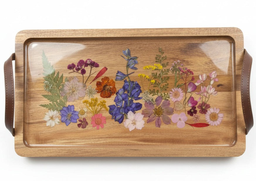ACACIA TIMBER BOTANICAL SERVING TRAY with Handles