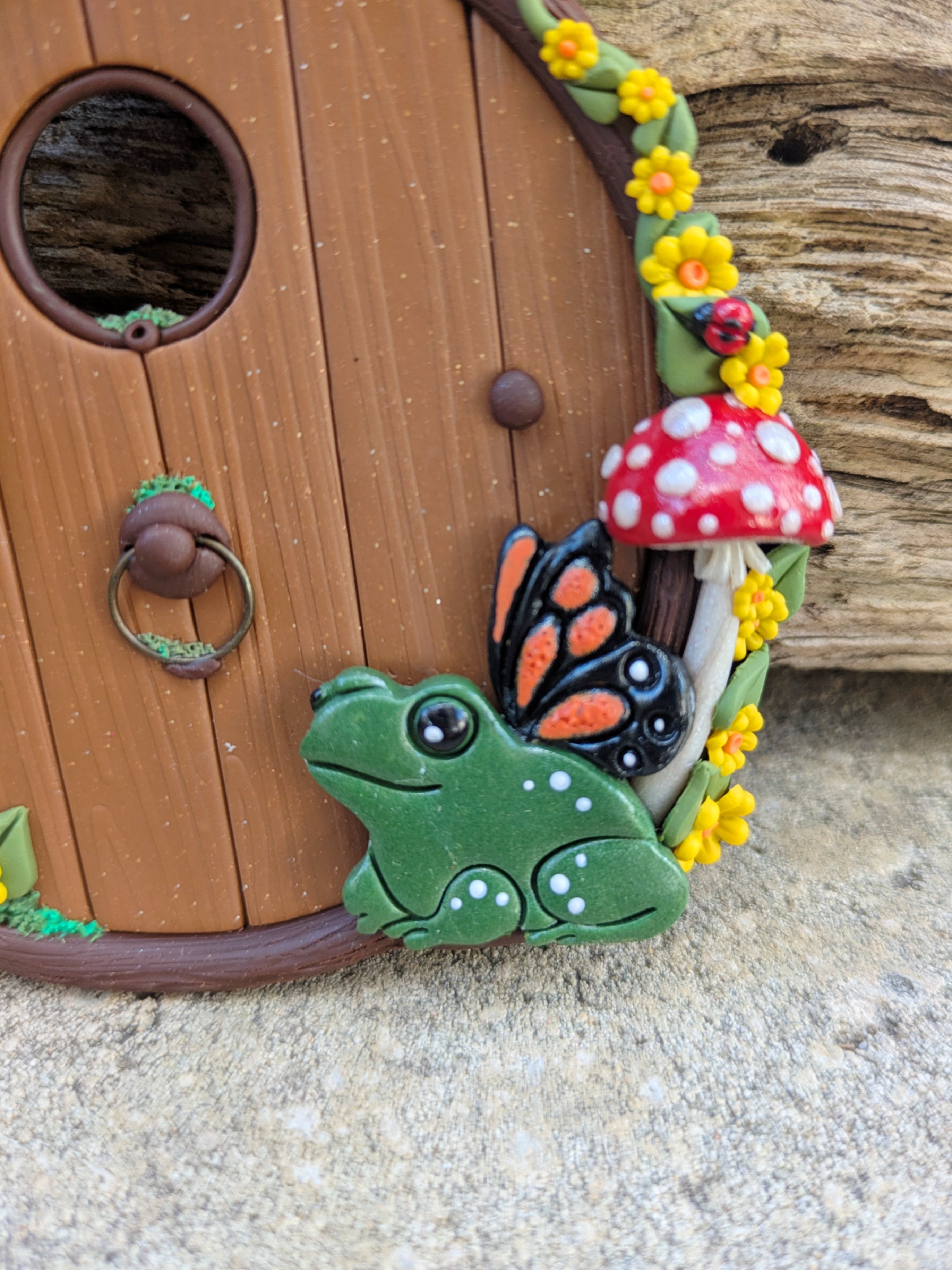 Mushroom, Butterfly Frog Fairy Door – Hand Sculpted from Polymer Clay