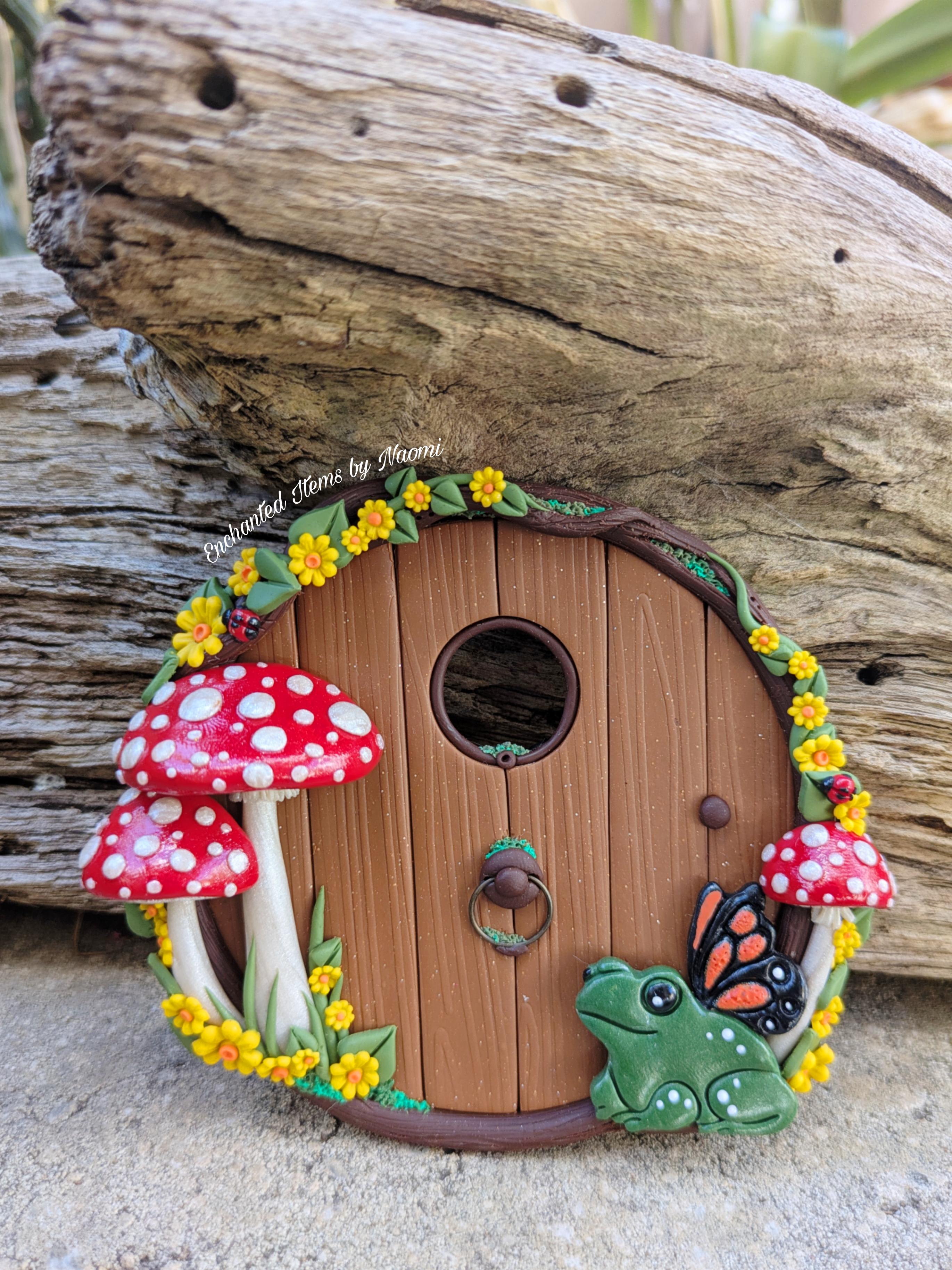 Mushroom, Butterfly Frog Fairy Door – Hand Sculpted from Polymer Clay