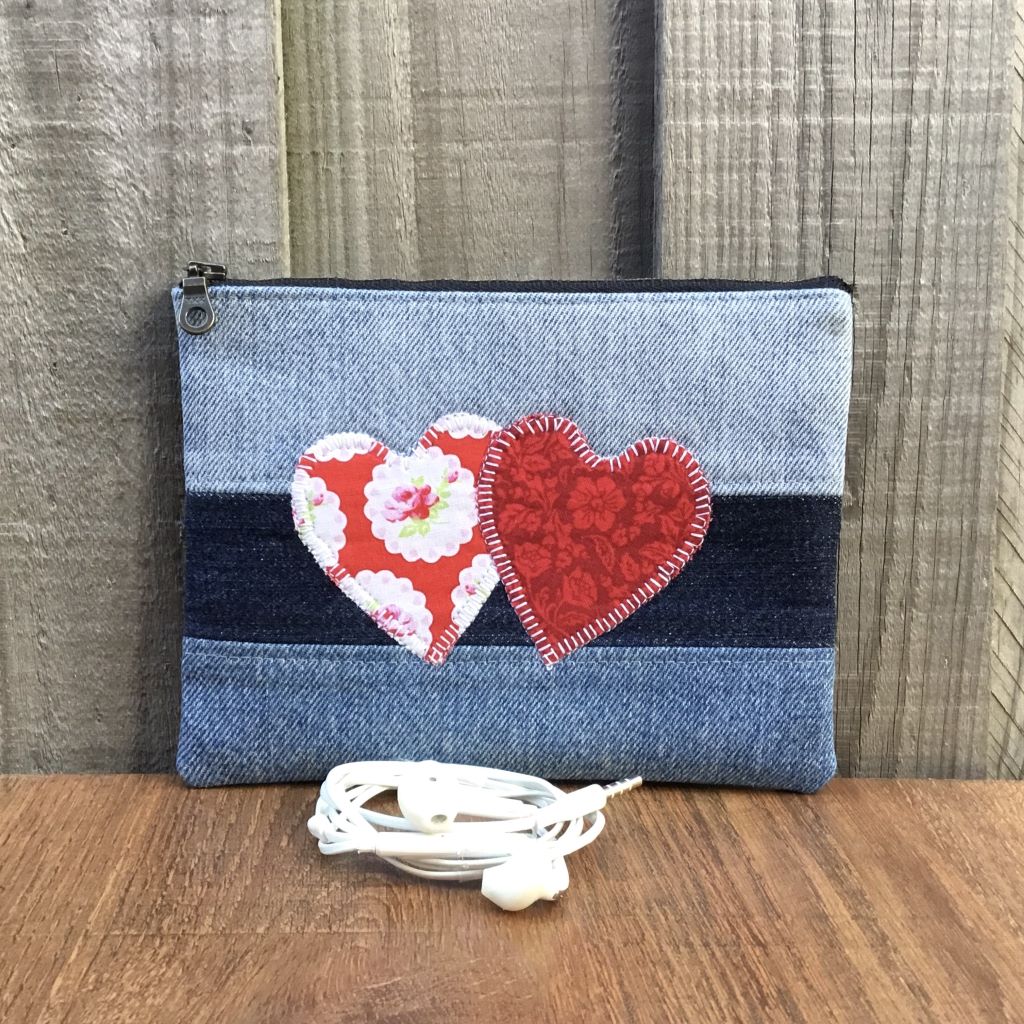 Upcycled Denim Purse – Two Red Hearts
