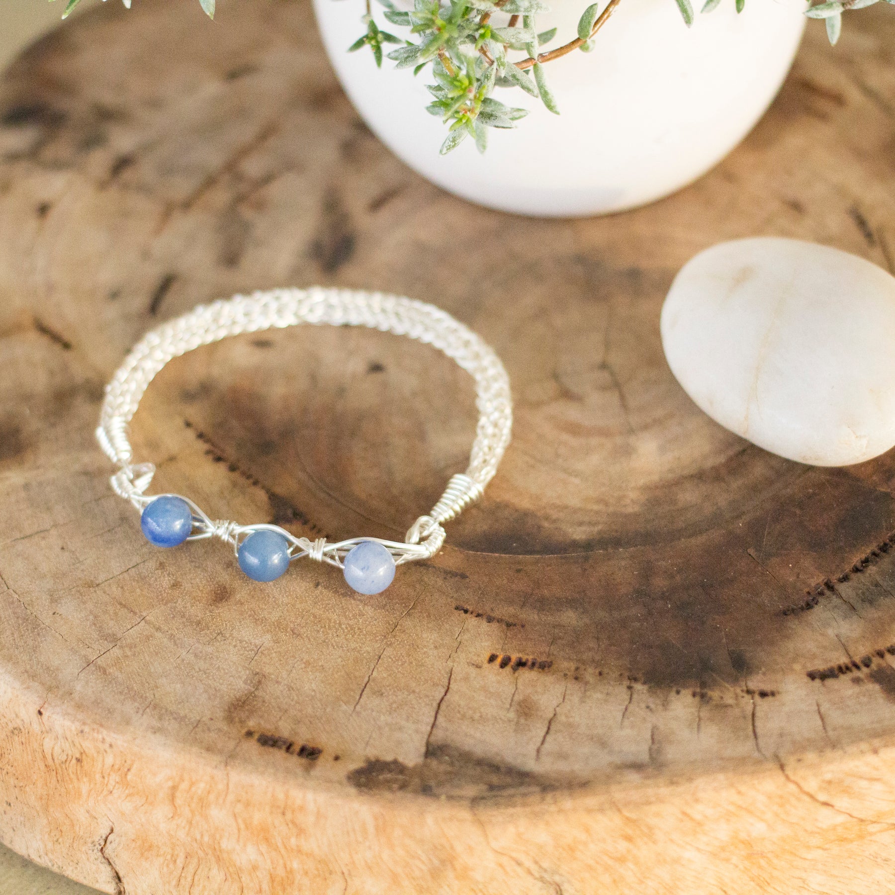 Blue Aventurine Silver Wire Knitted Bangle Bracelet