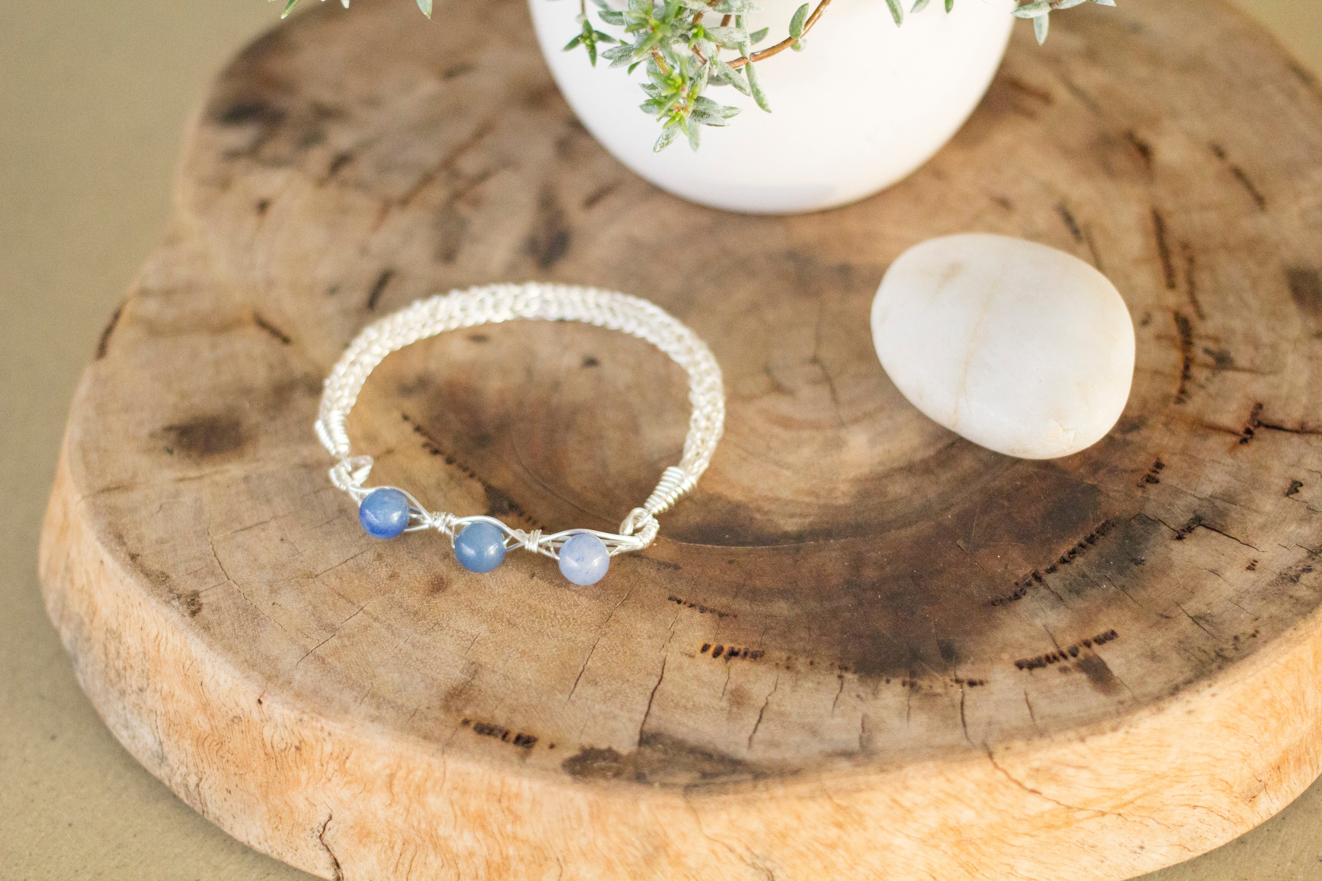 Blue Aventurine Silver Wire Knitted Bangle Bracelet