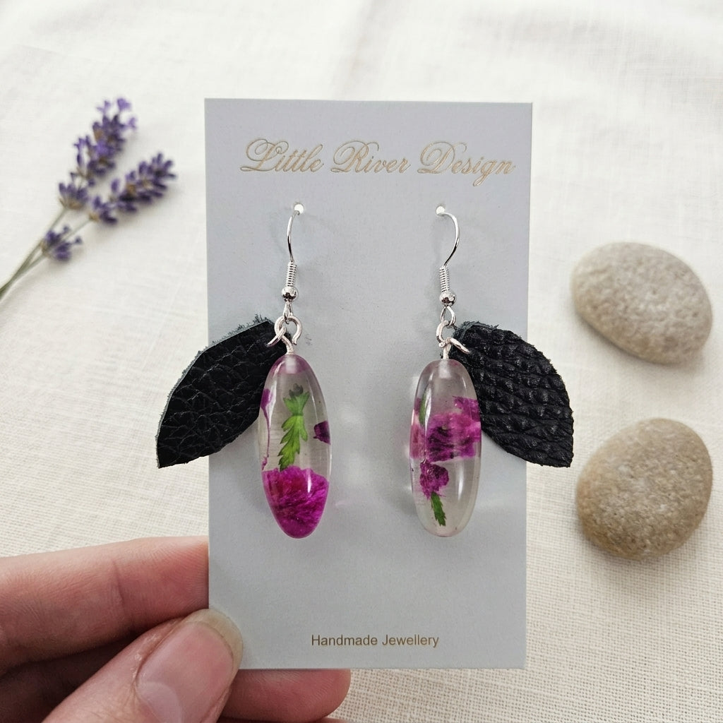 Handmade Bright Pink Floral Resin & Leather Earrings 🌿