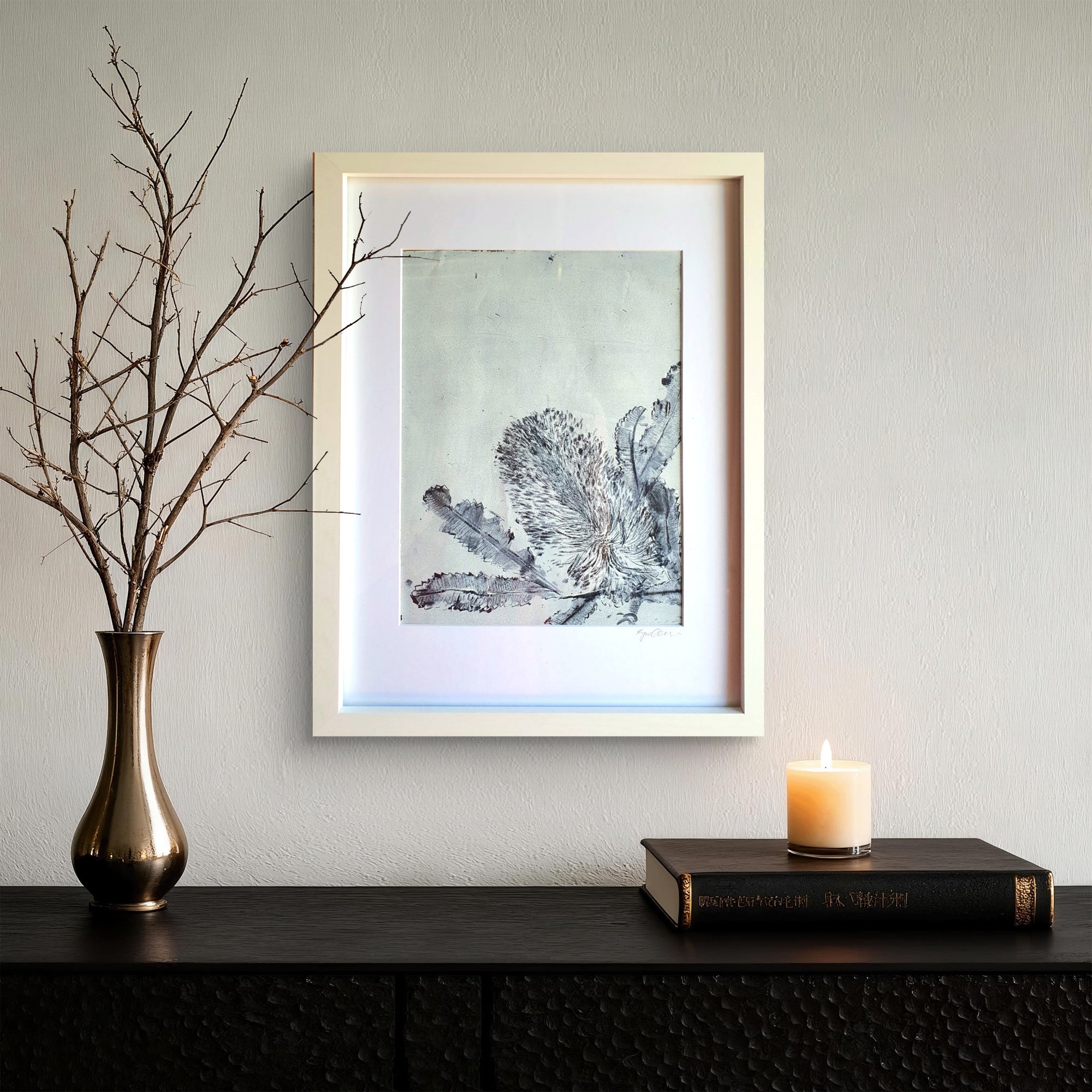 Banksia White and Blue, 2 | Acrylic monoprint on paper | Original framed artwork | A4