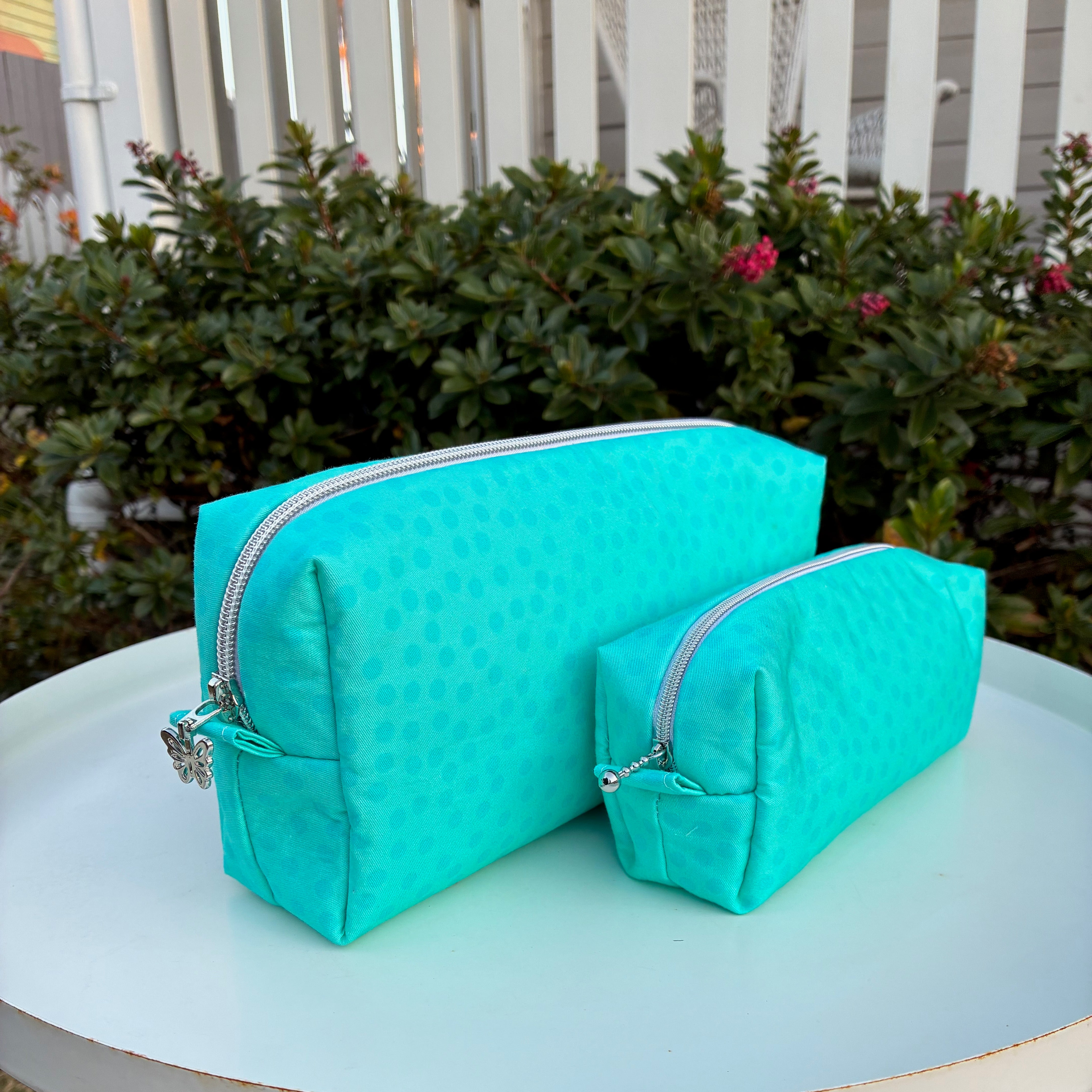 Bilby Pouch - Small Aqua Spots lined with Spring Bloom (Wonderland Design Co)