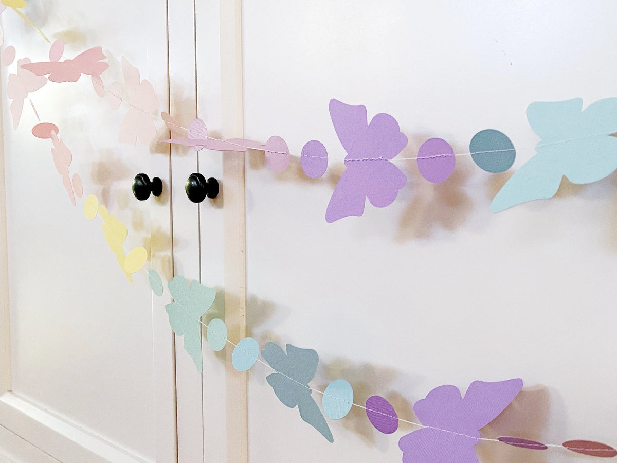 Pastel butterfly garland, birthday party decor.