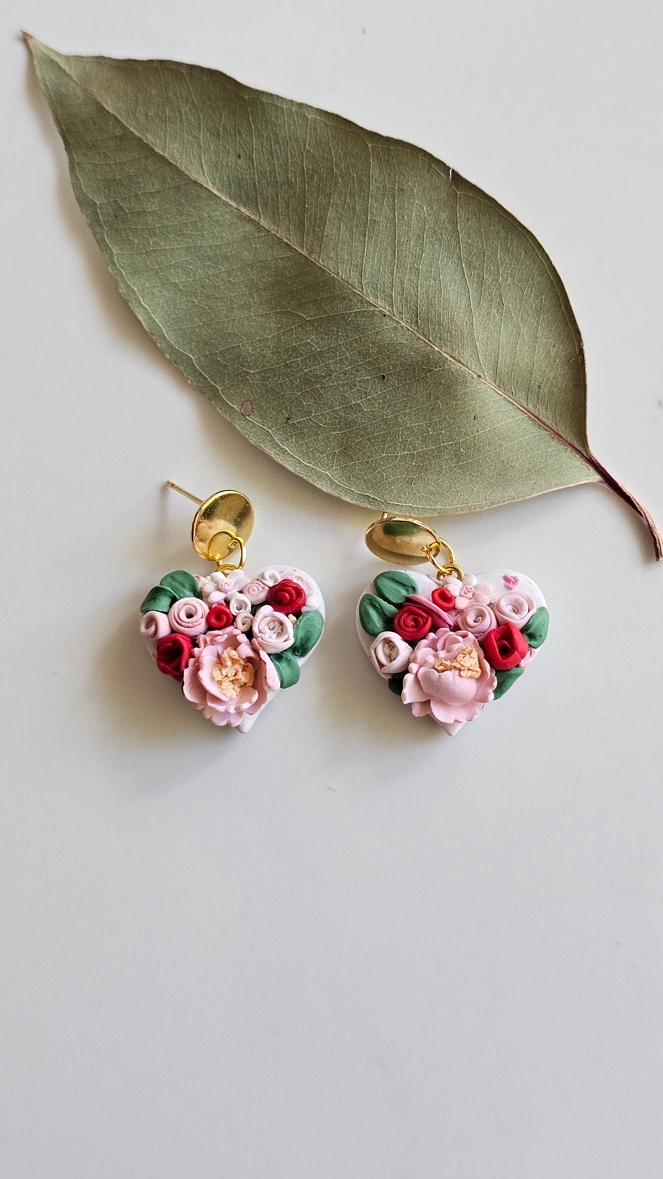 Floral bouquet heart earrings, Handmade Jewellery,Clay Earrings.