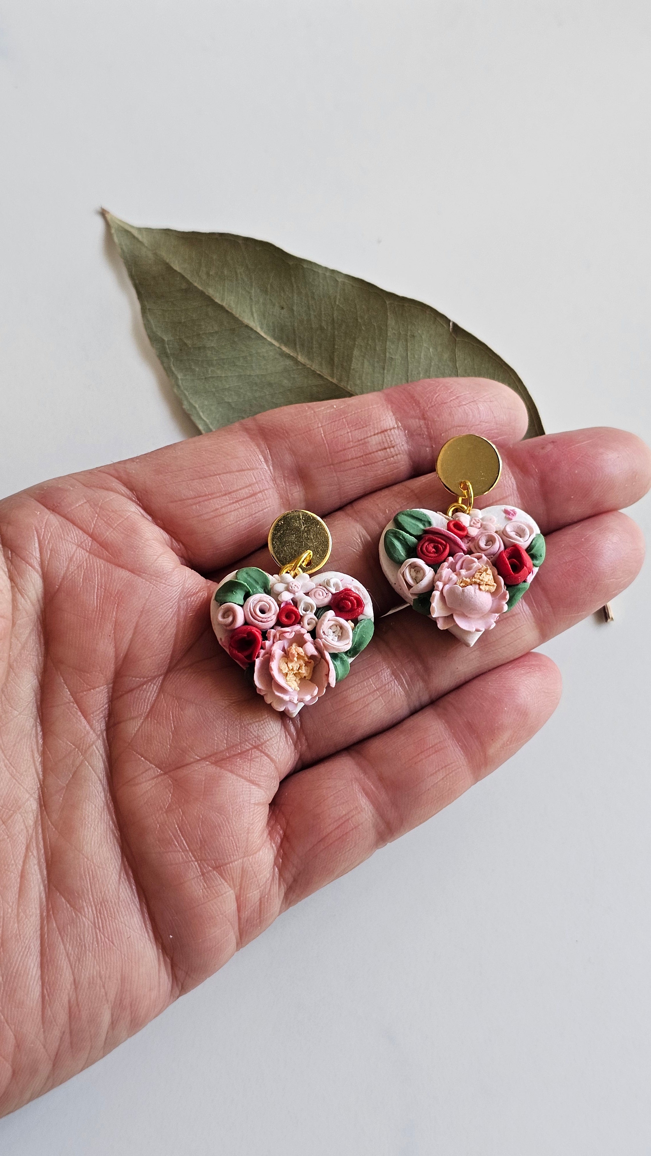 Floral bouquet heart earrings, Handmade Jewellery,Clay Earrings.