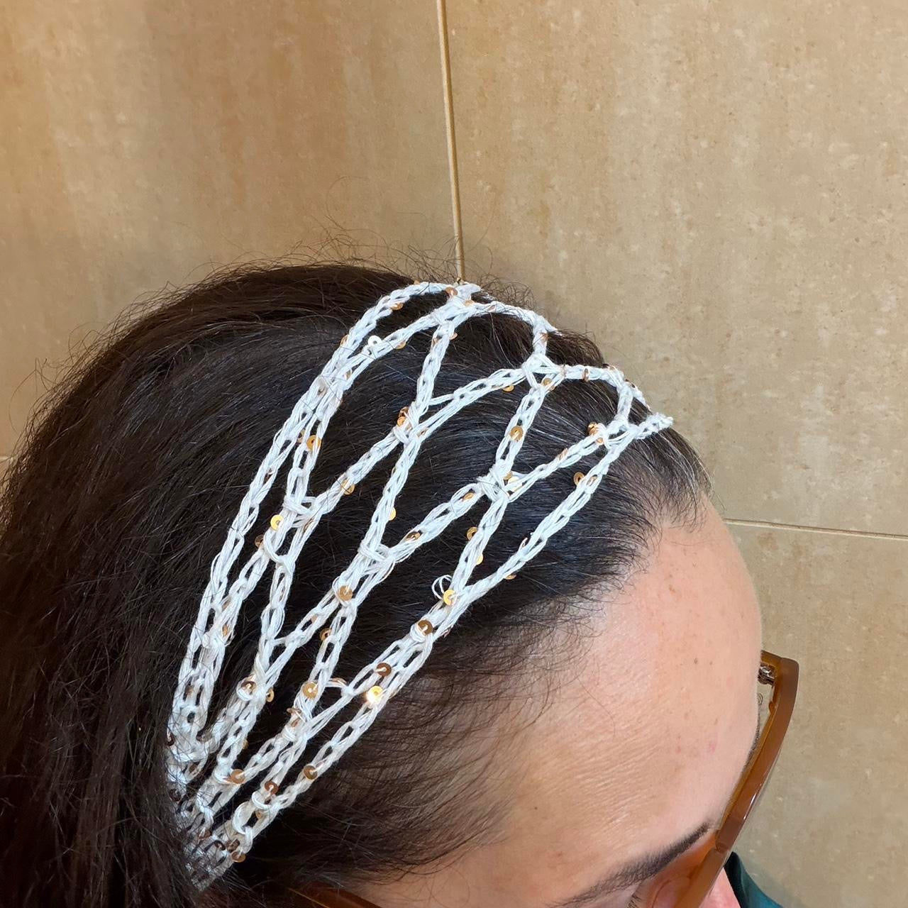 White with Silver Sequin Crochet Headband
