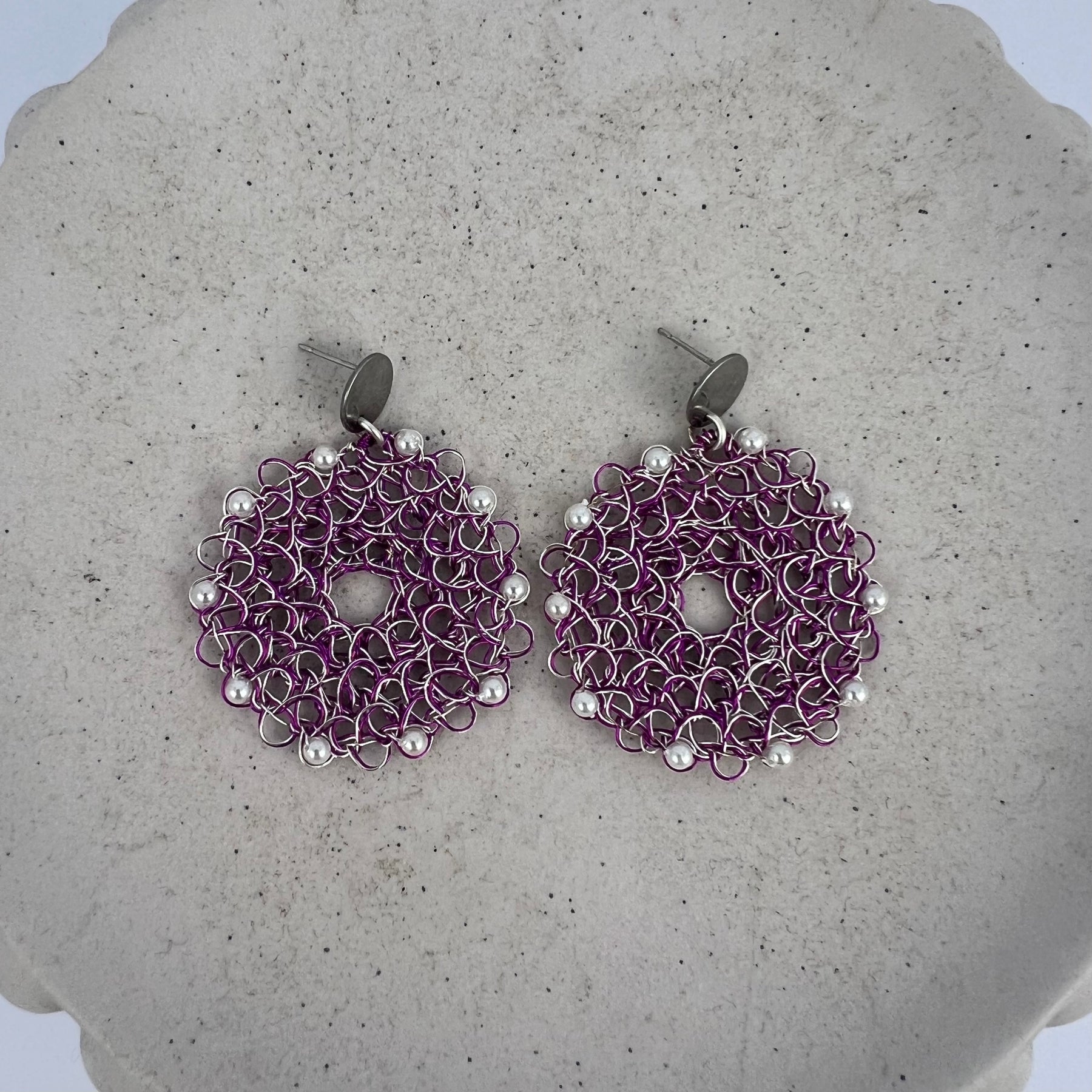 Violet Vortex - silver and purple wire with shell based mini pearls, peruvian earrings