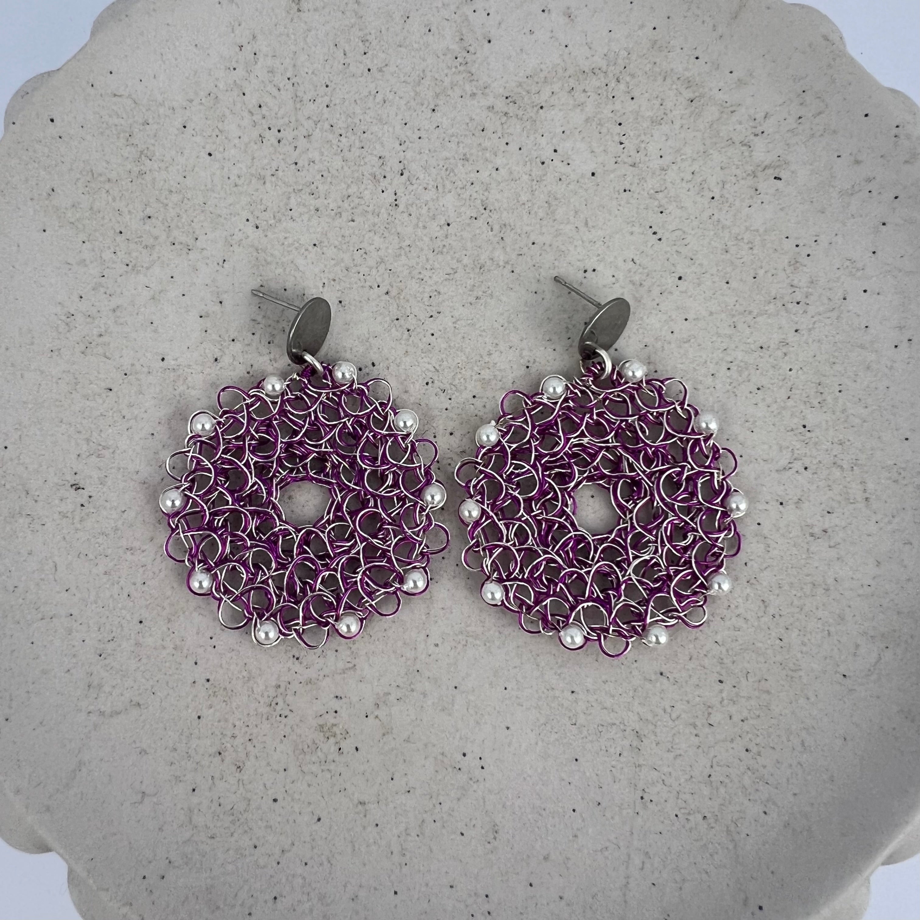 Violet Vortex - silver and purple wire with shell based mini pearls, peruvian earrings