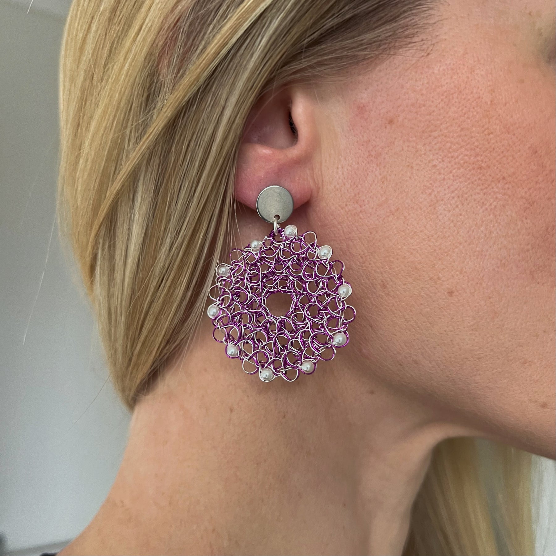 Violet Vortex - silver and purple wire with shell based mini pearls, peruvian earrings