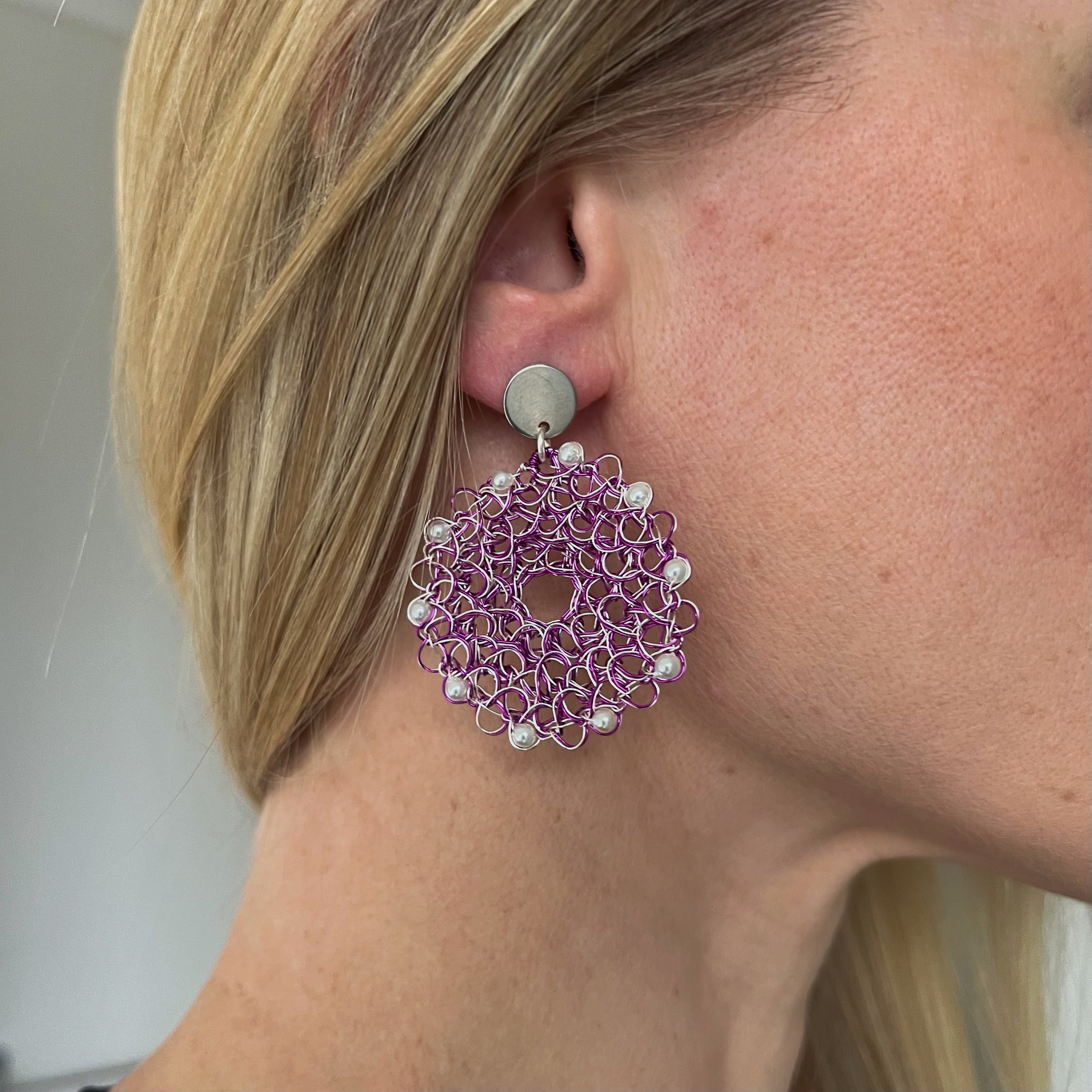 Violet Vortex - silver and purple wire with shell based mini pearls, peruvian earrings