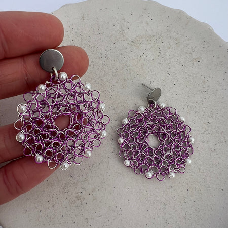 Violet Vortex - silver and purple wire with shell based mini pearls, peruvian earrings