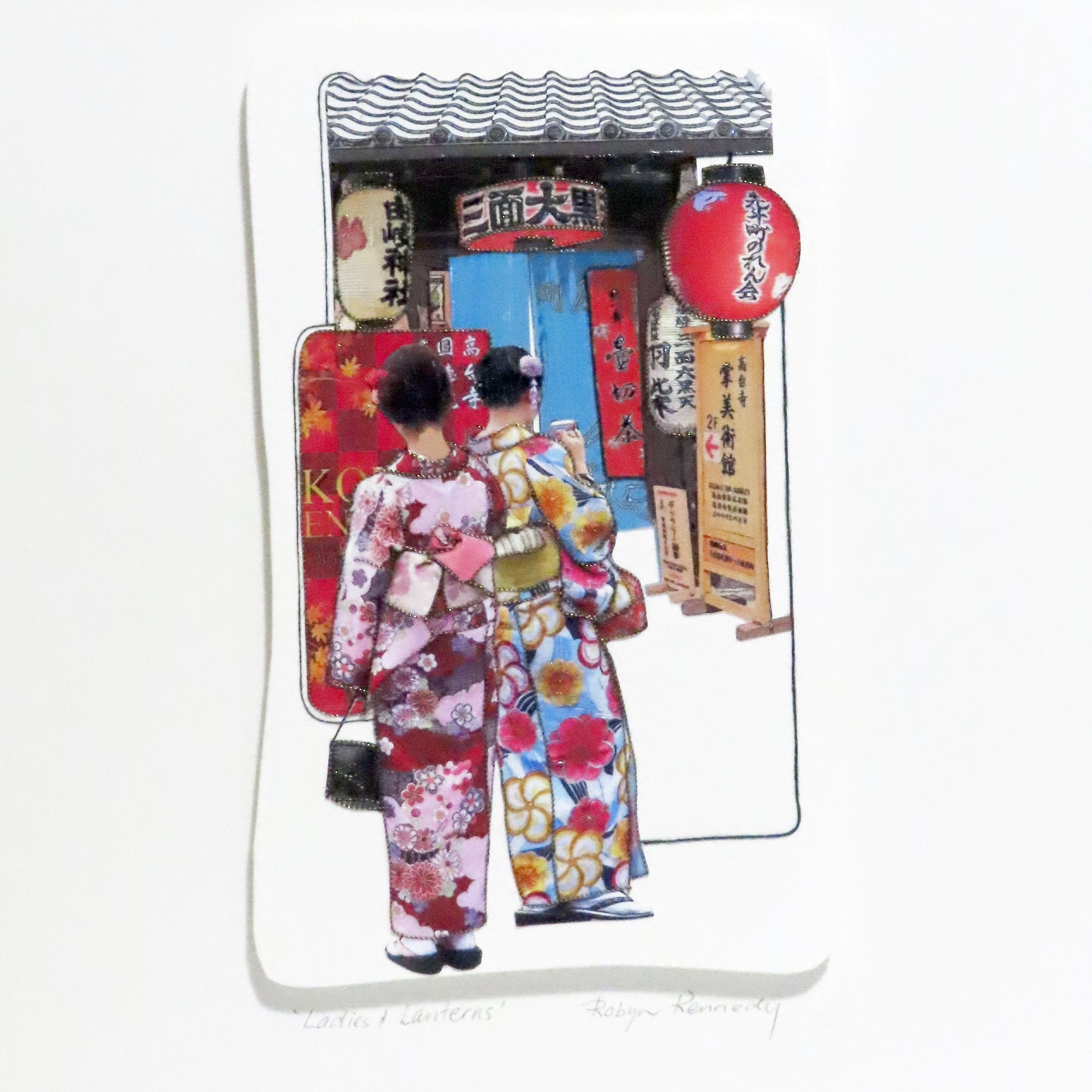 Unframed Collage Art - Colourful Japanese Women & Lanterns