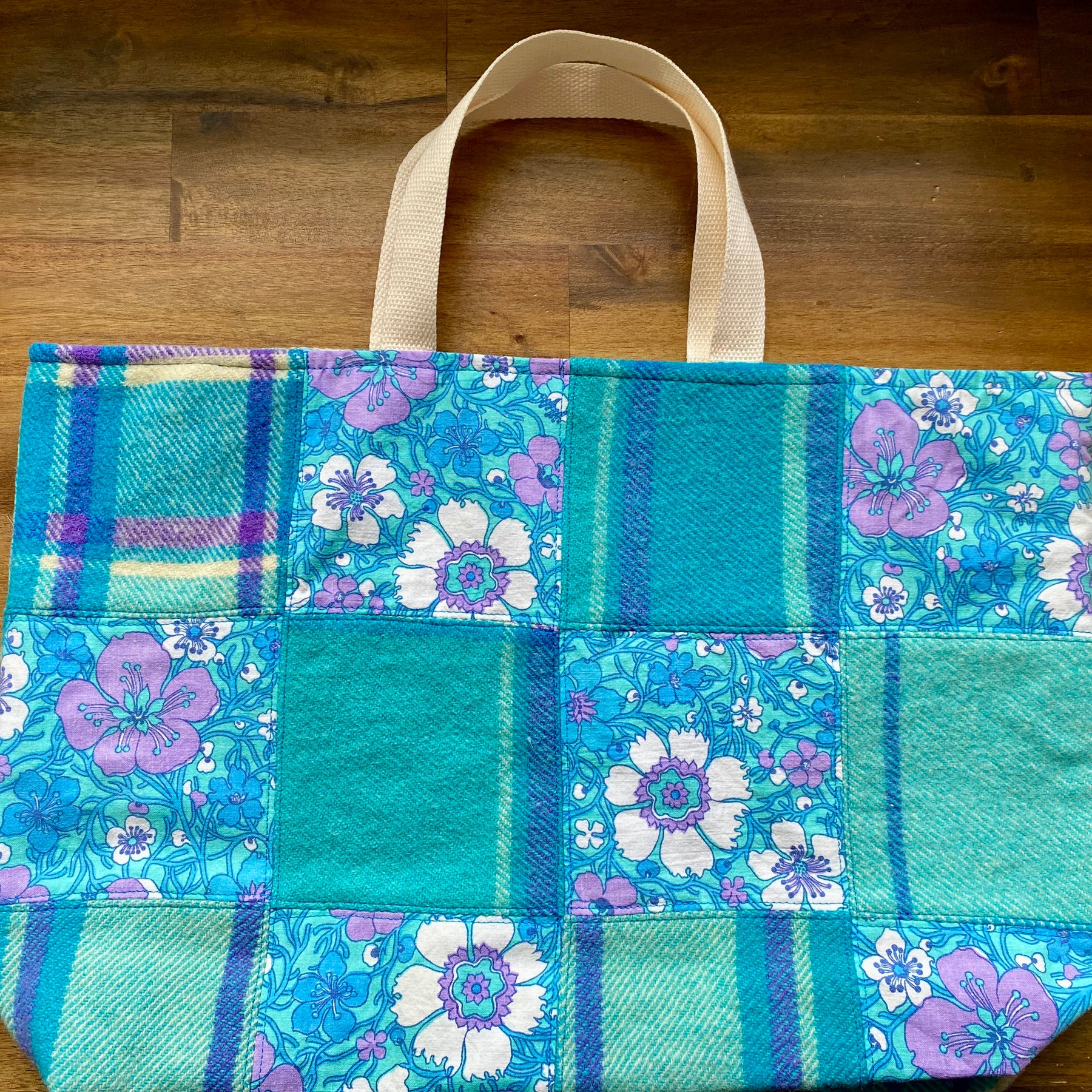 Upcycled Woollen Blanket - Market Tote - Blues Patchwork
