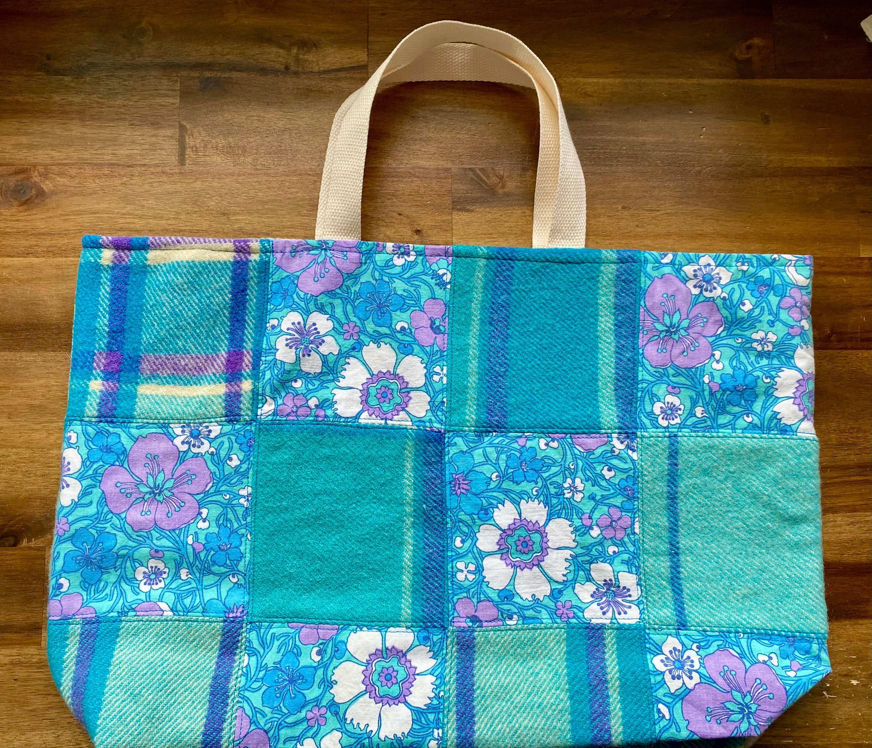 Upcycled Woollen Blanket - Market Tote - Blues Patchwork