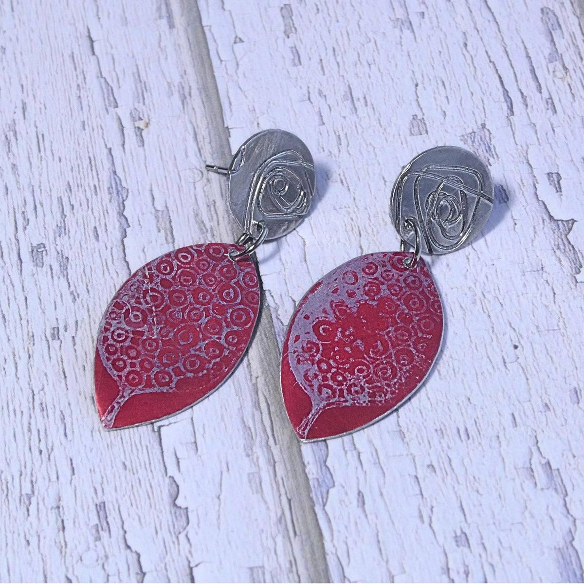 Hand printed anodised aluminium earrings - Scarlet Grace Collection