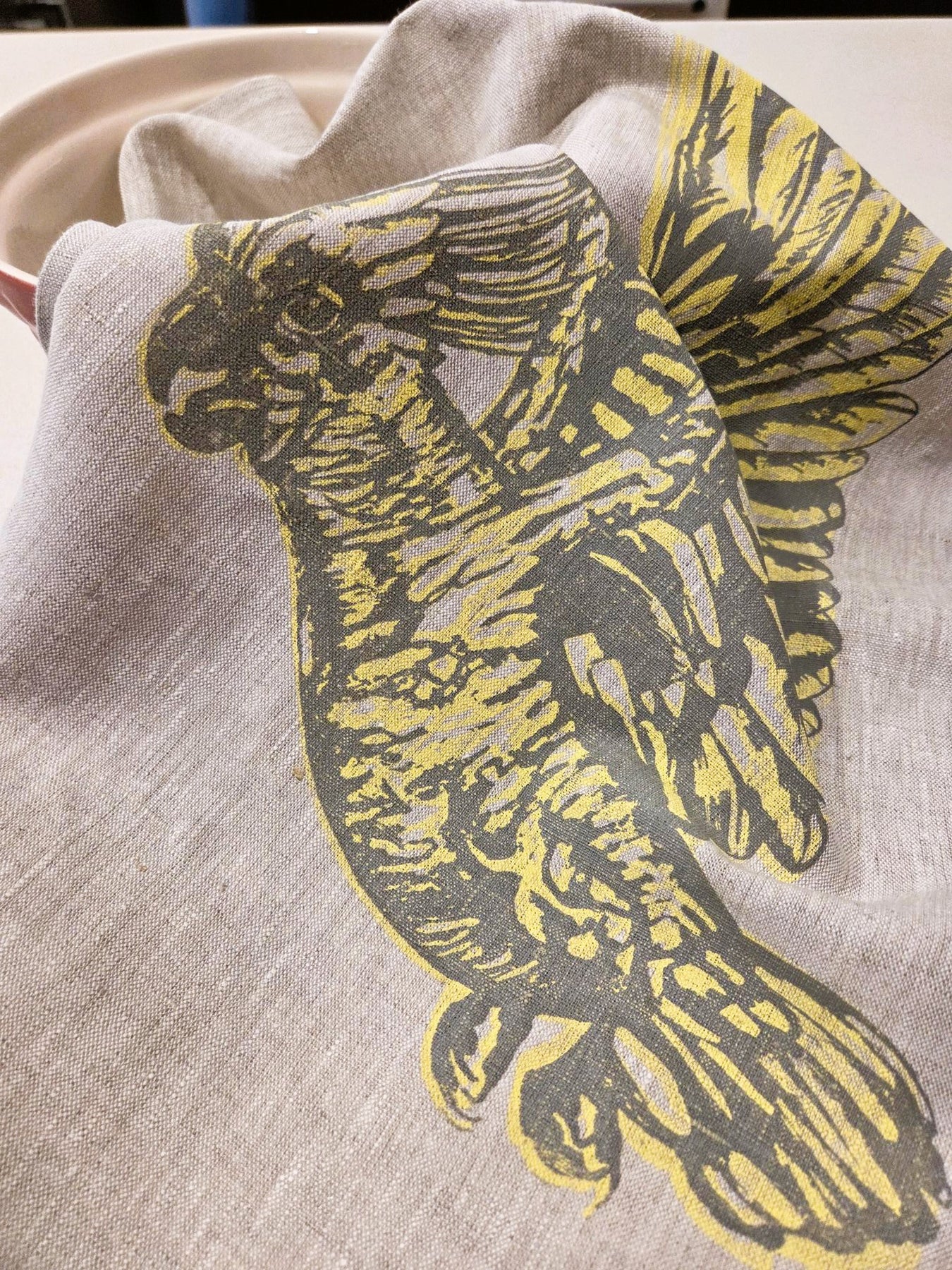 Hand Screen Printed Linen Tea Towels-Sulphur Crested Cockatoo