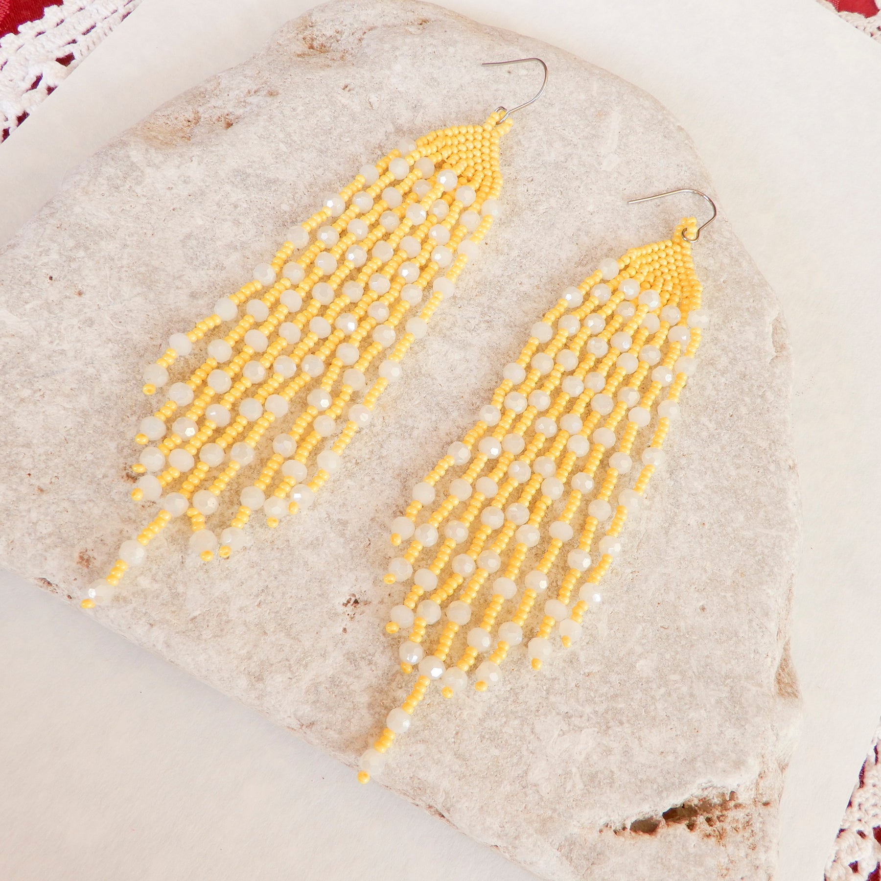 Yellow & White Beaded Fringe Earrings
