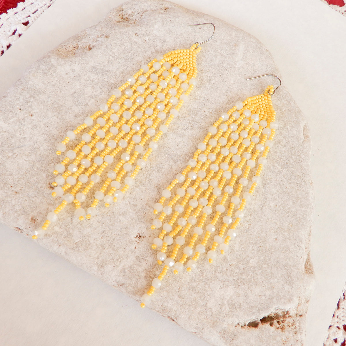 Yellow & White Beaded Fringe Earrings
