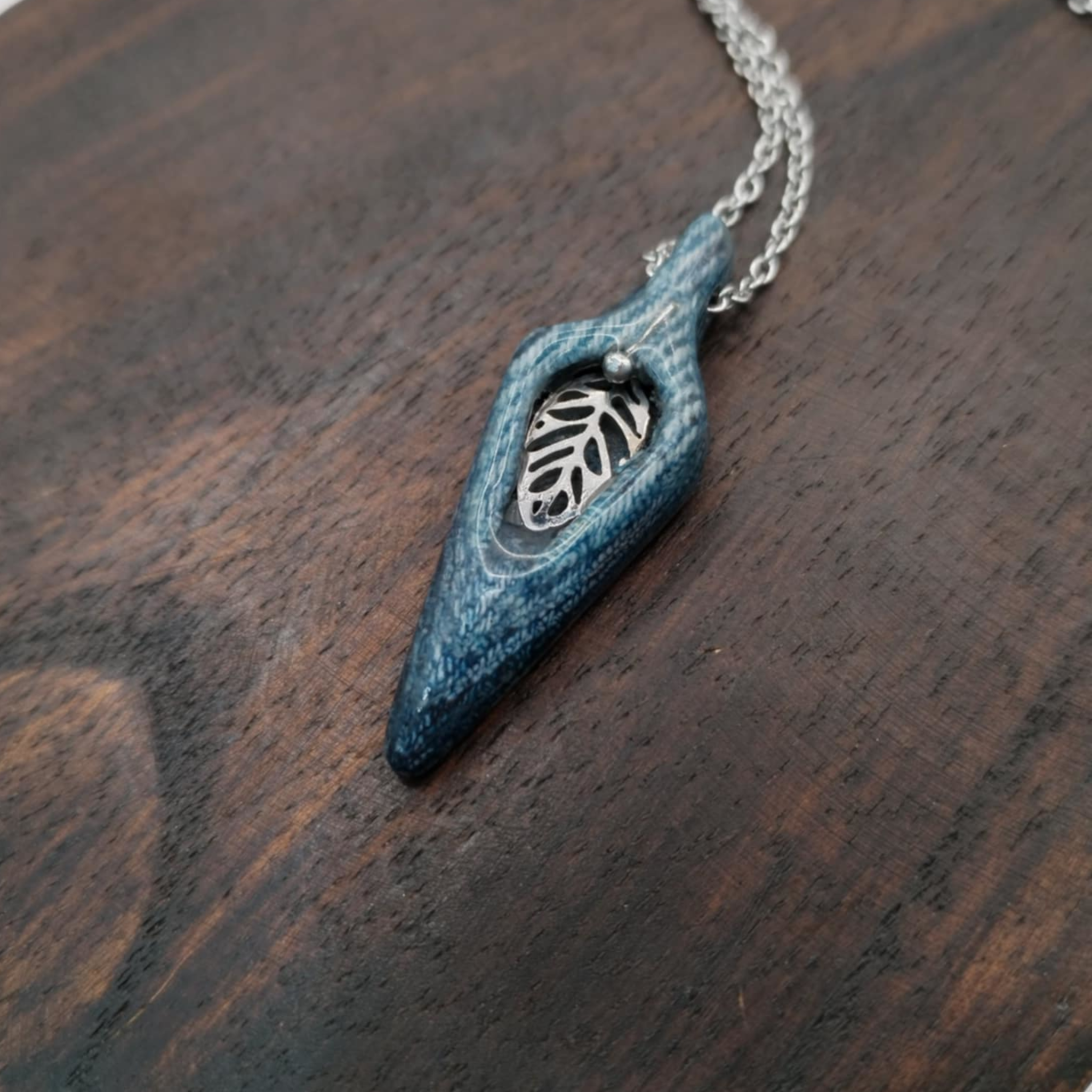 The leaf - denim and stainless steel necklace