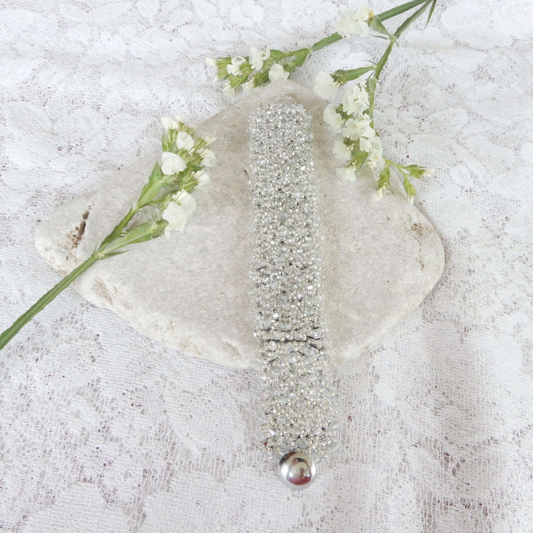 Silver and Crystal Hand Beaded Bracelet