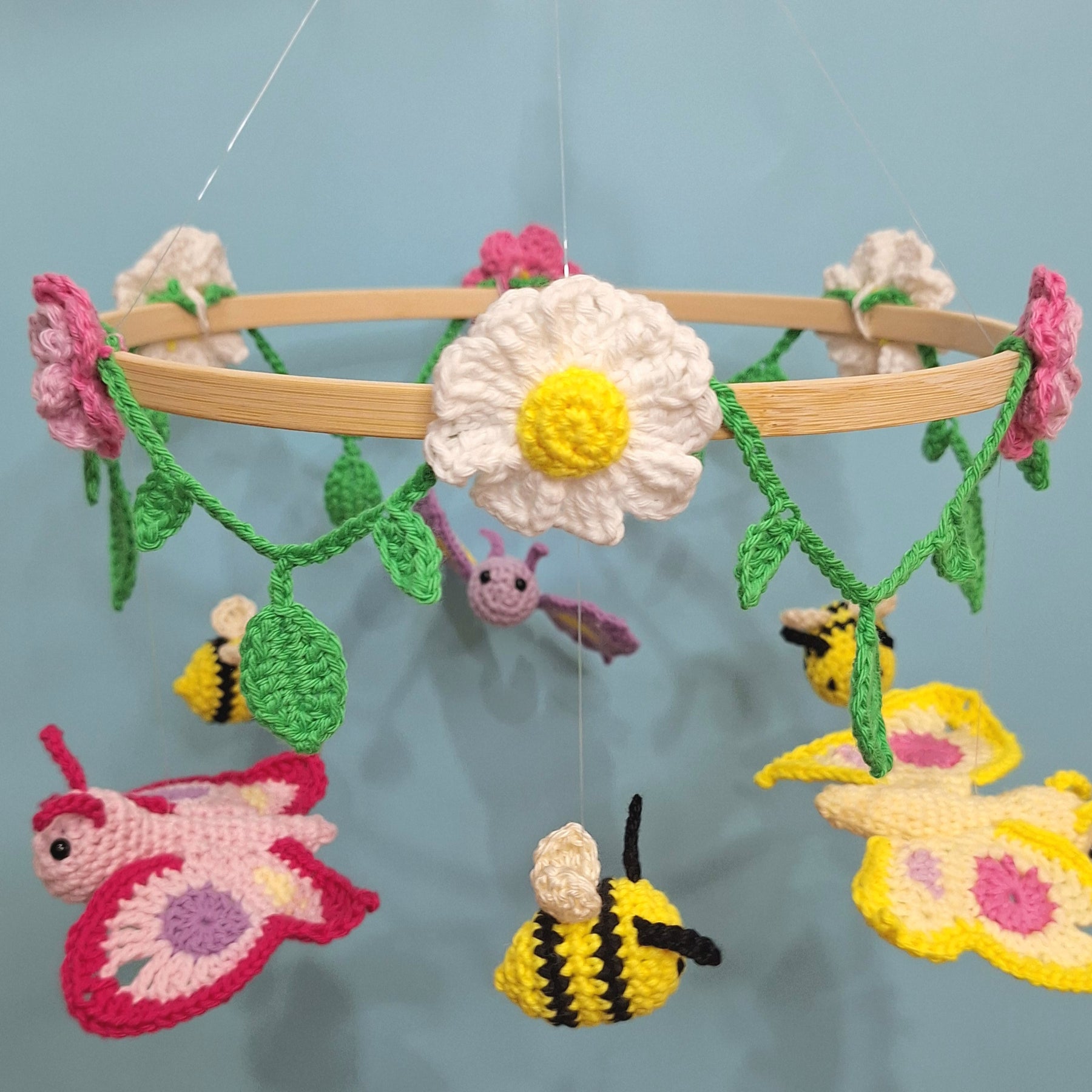 Crocheted Butterfly and Bee Springtime mobile