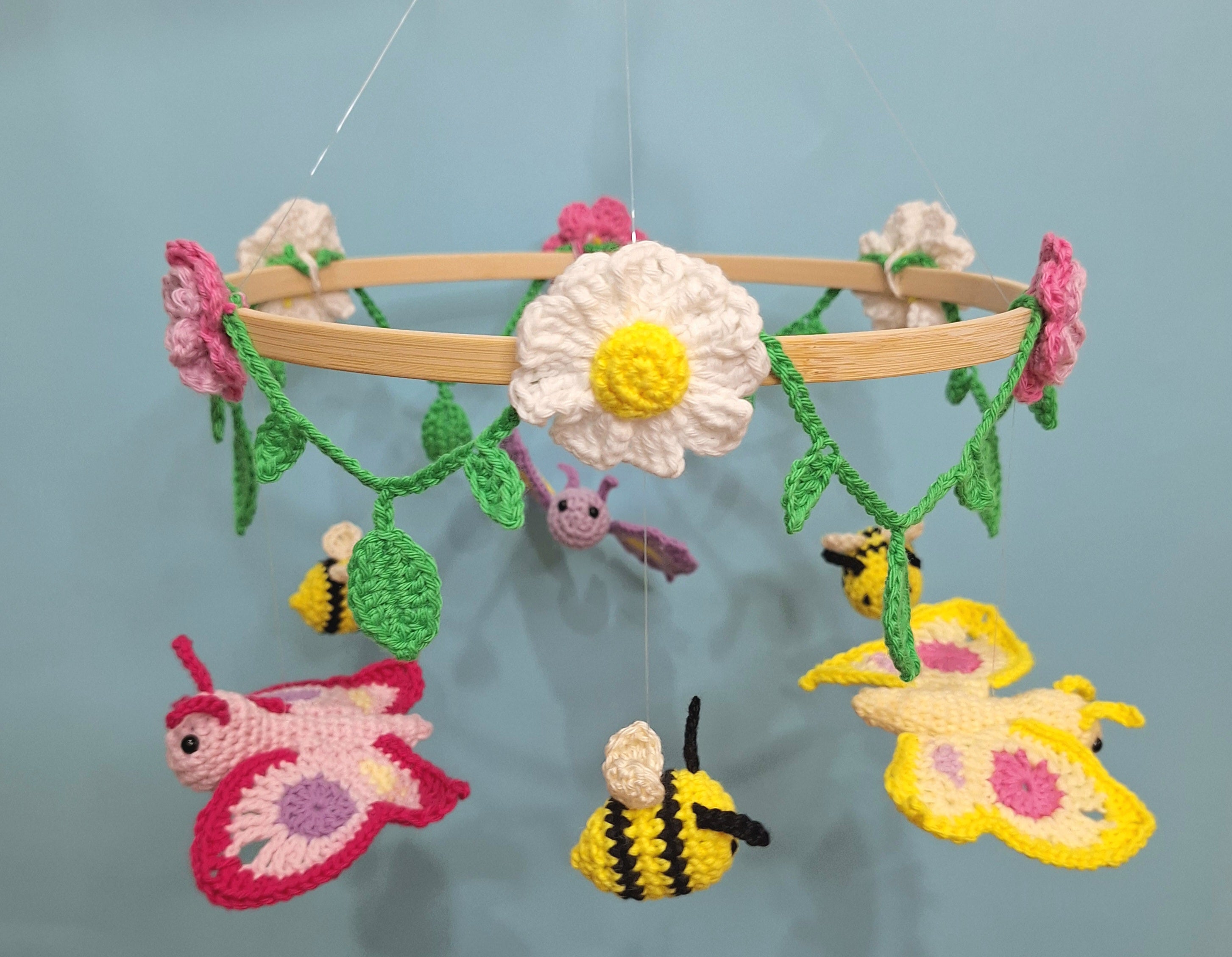 Crocheted Butterfly and Bee Springtime mobile