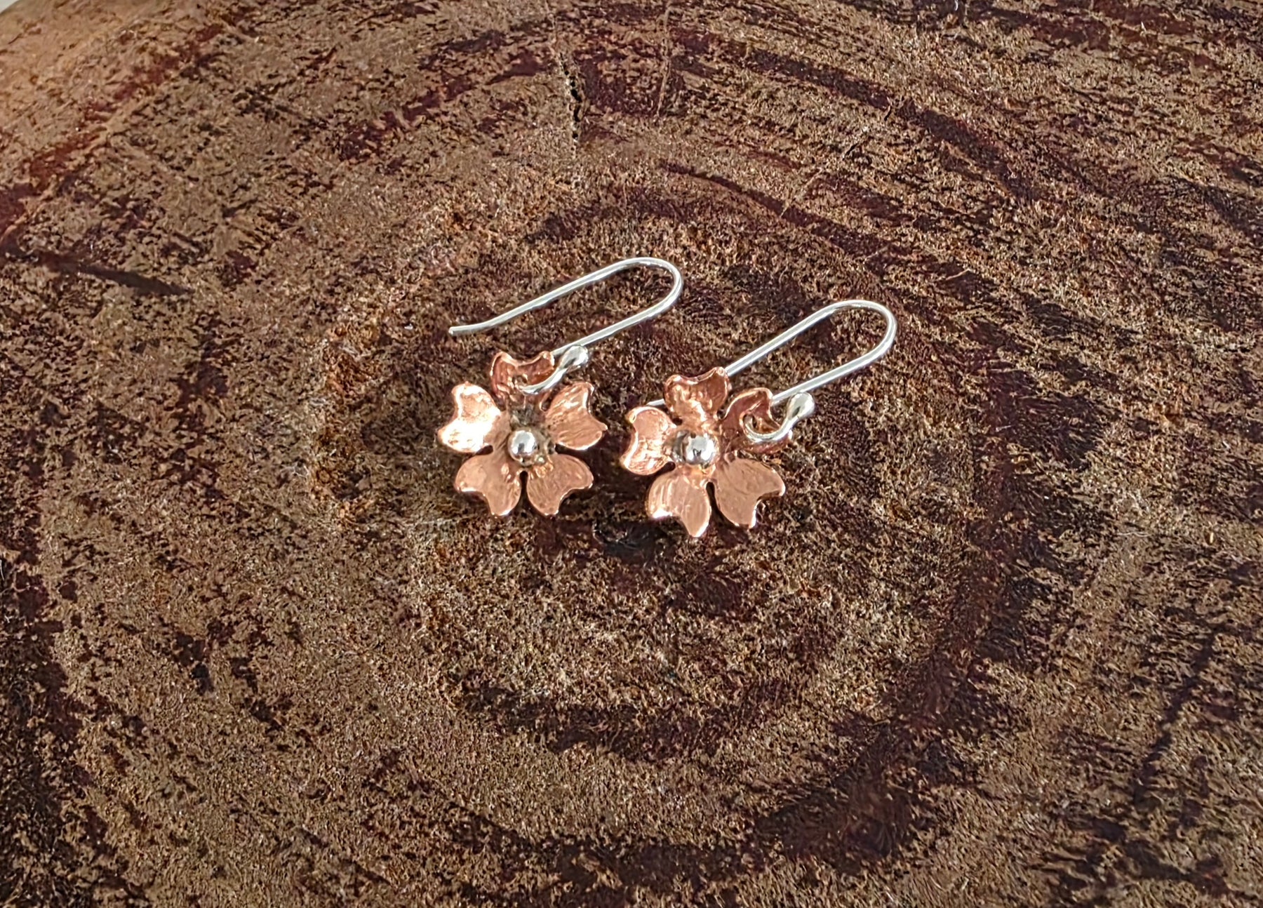 Cute copper and silver cherry blossom flower earrings
