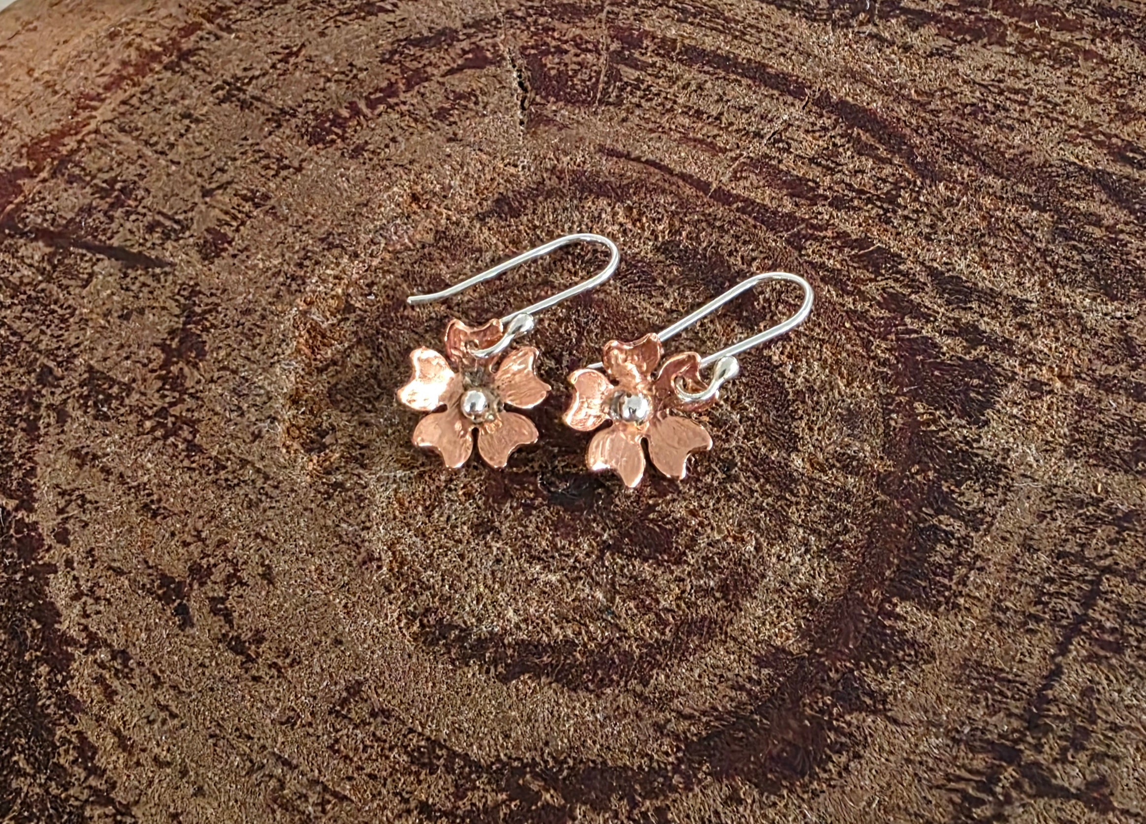 Cute copper and silver cherry blossom flower earrings