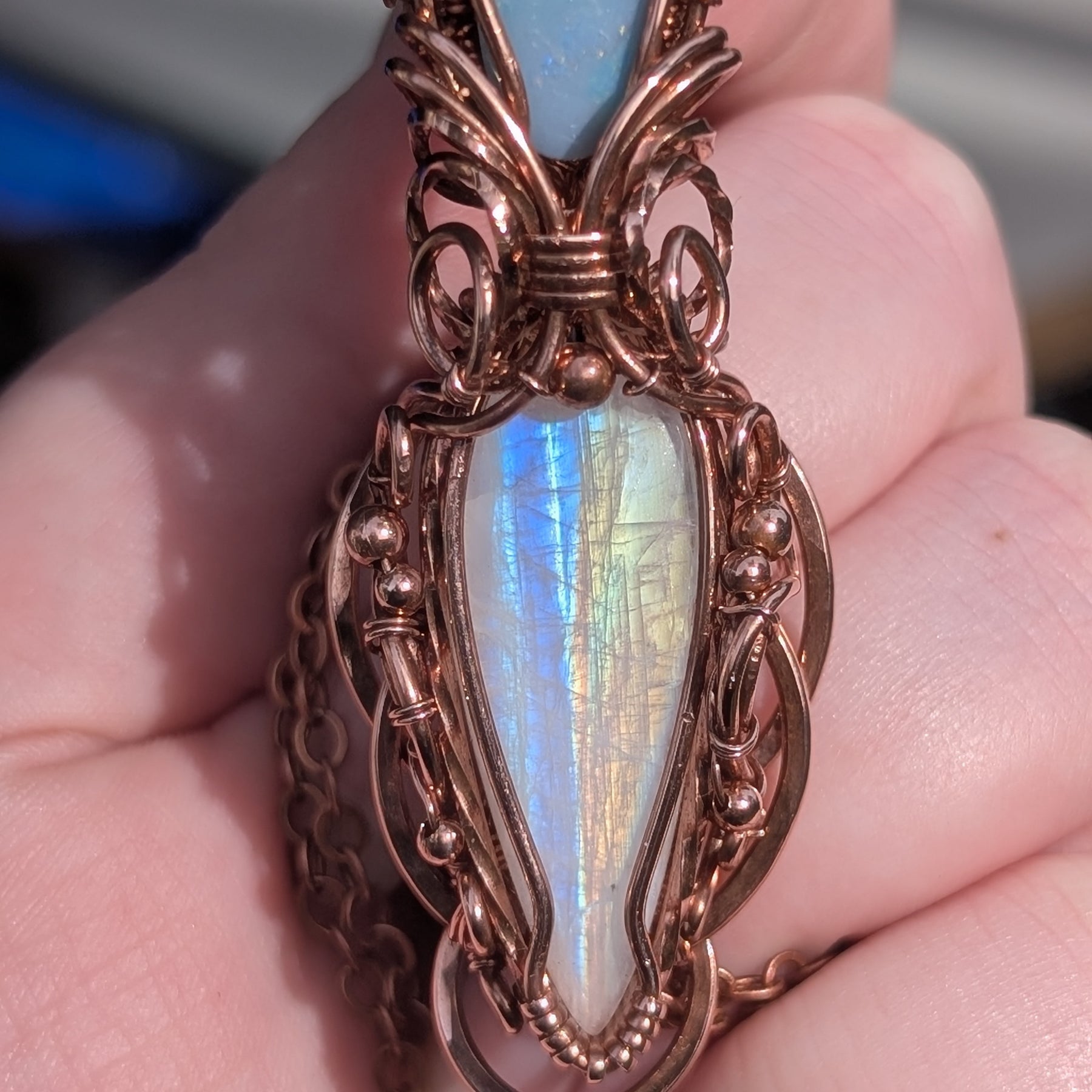 Theia - Rainbow Moonstone & Australian Boulder Opal Doublet Copper Pendant