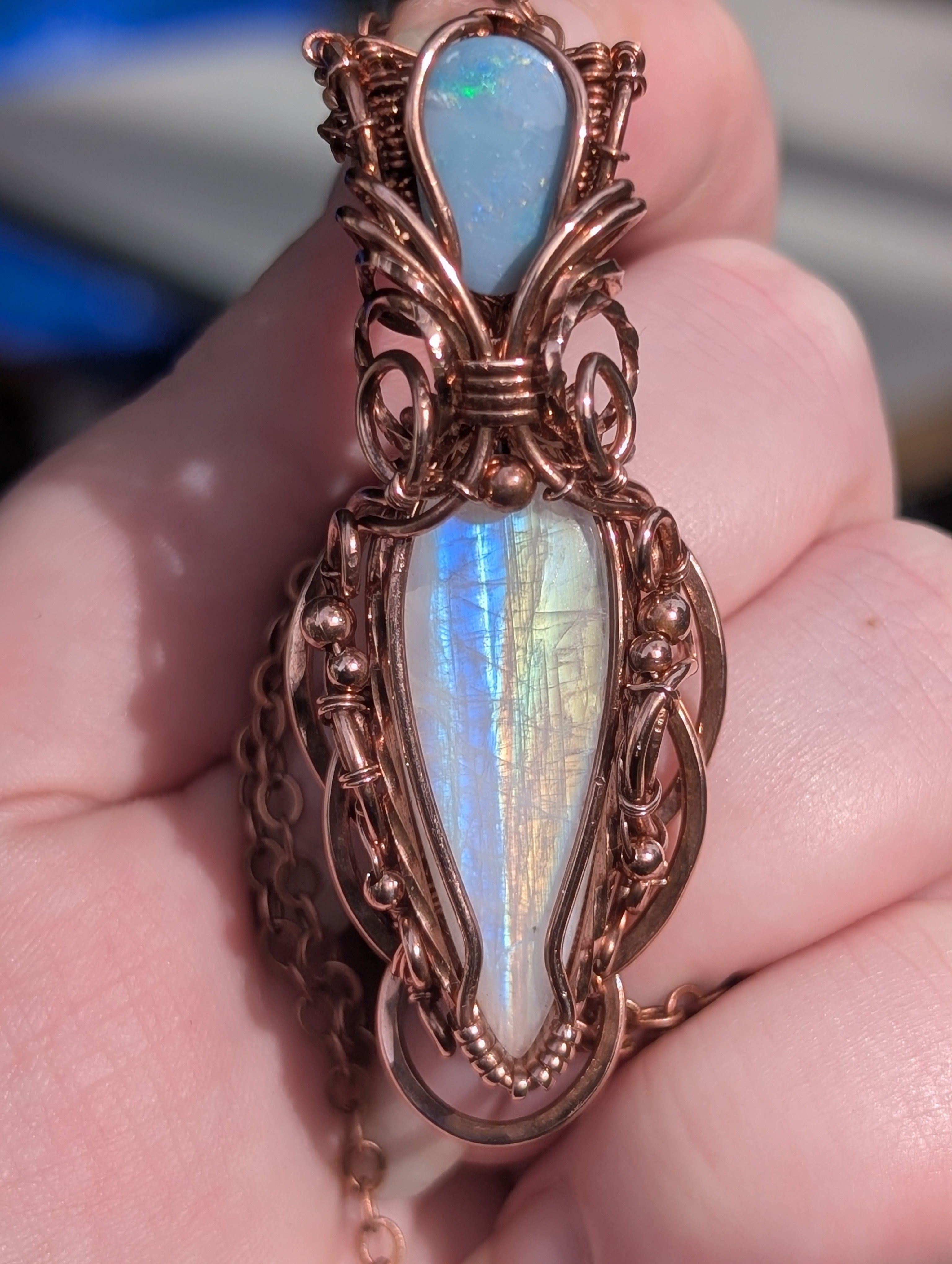 Theia - Rainbow Moonstone & Australian Boulder Opal Doublet Copper Pendant
