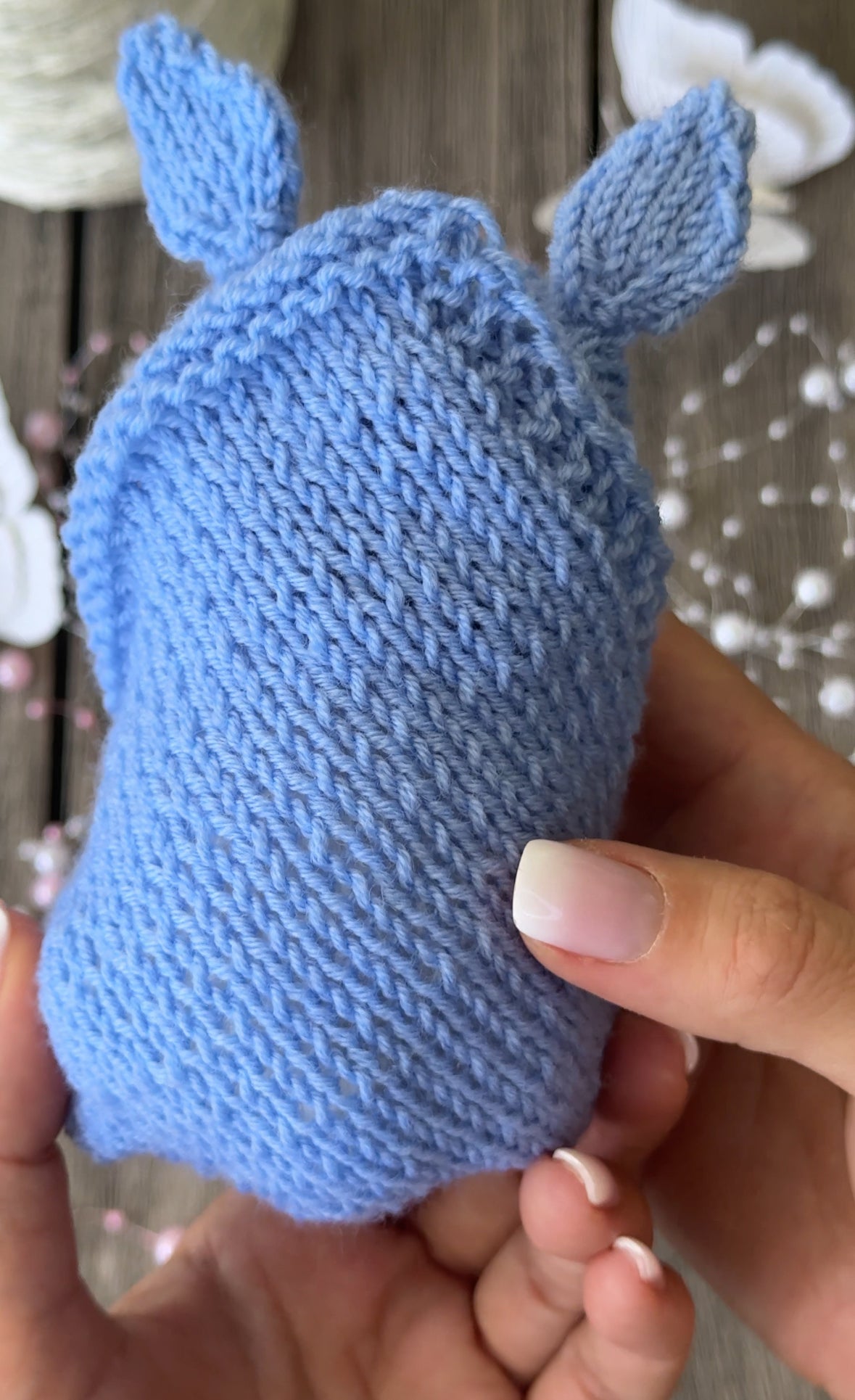 💙 White Sleeping Kitten in a Blue Blanket and a Bunny Beanie 💙