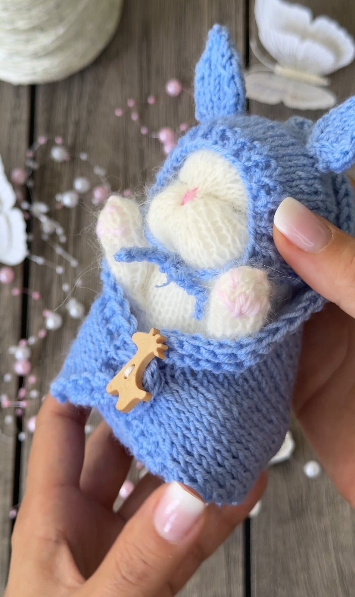 💙 White Sleeping Kitten in a Blue Blanket and a Bunny Beanie 💙