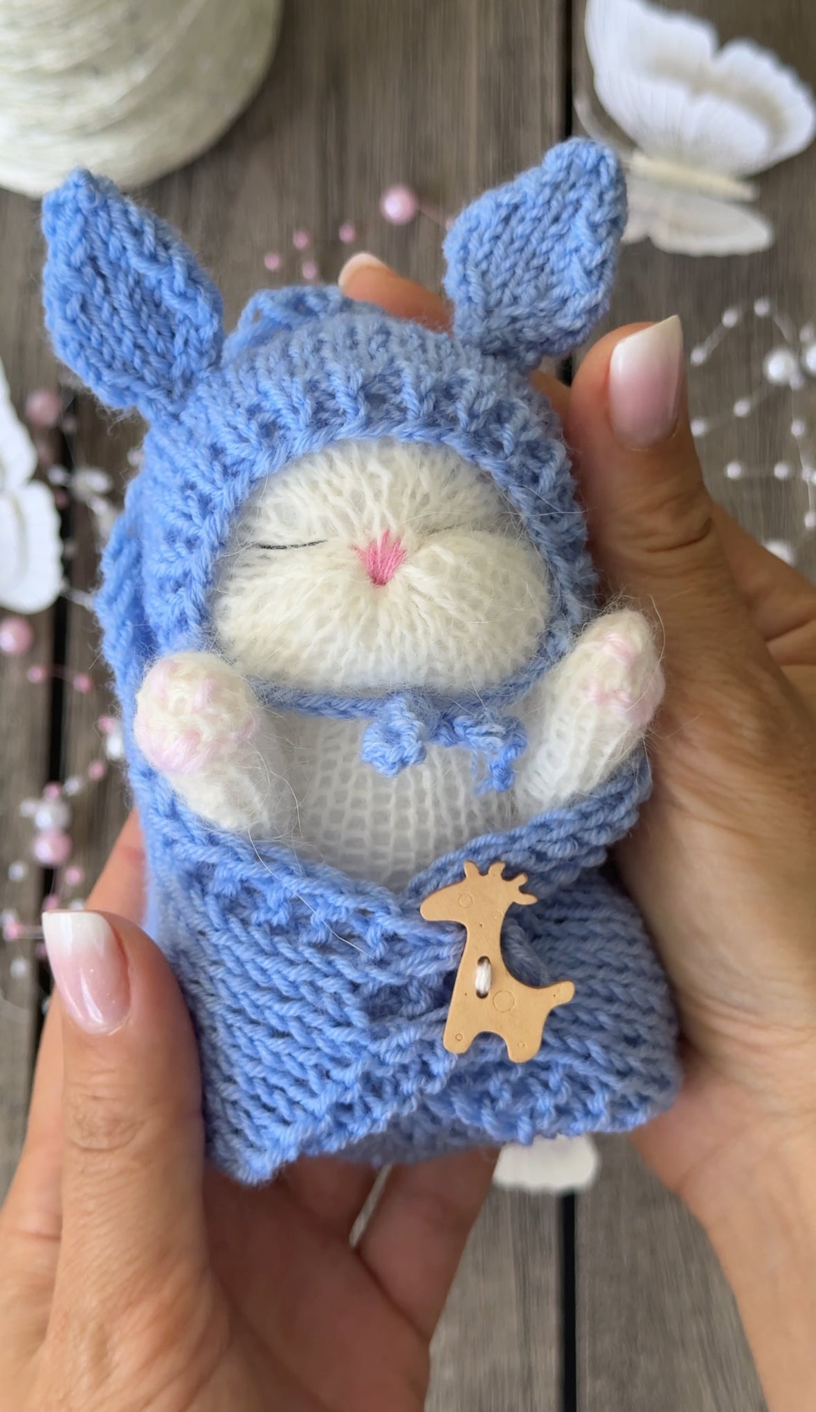 💙 White Sleeping Kitten in a Blue Blanket and a Bunny Beanie 💙