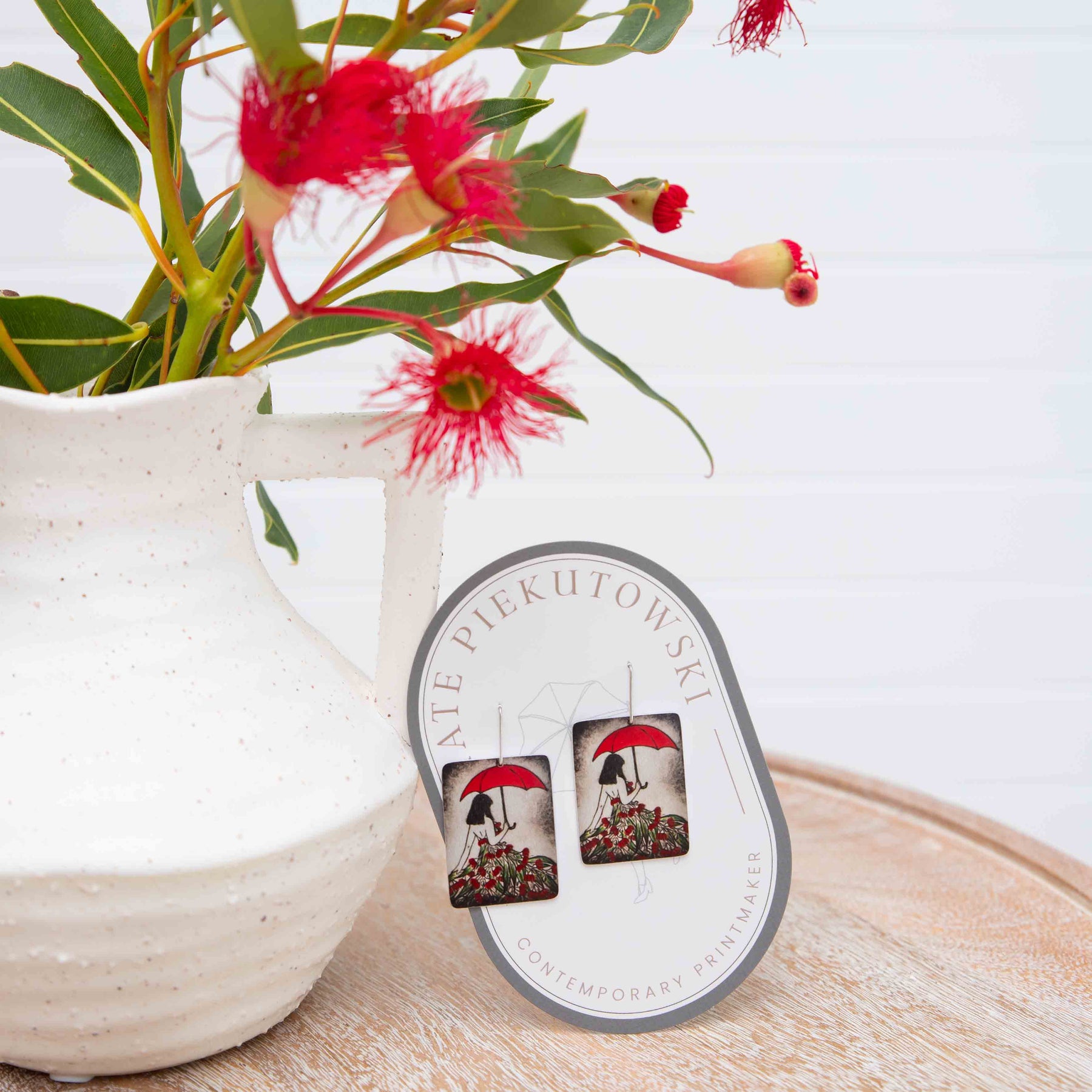 Red Umbrella Flowering Eucalyptus Lady Earrings