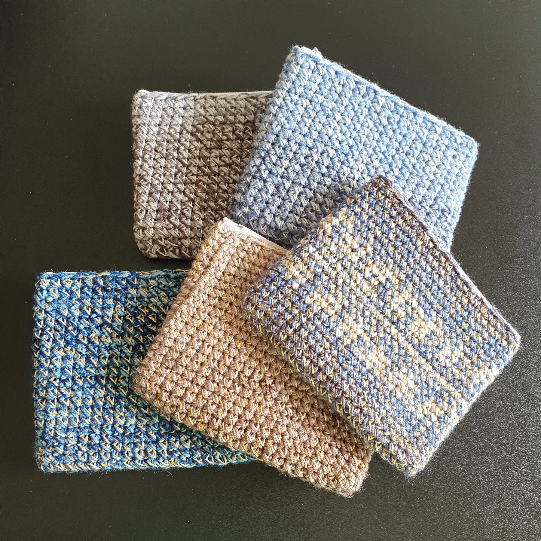 Handmade Zippered Crochet Travel Purse : Blue Gray Brown & Gold Silver mix